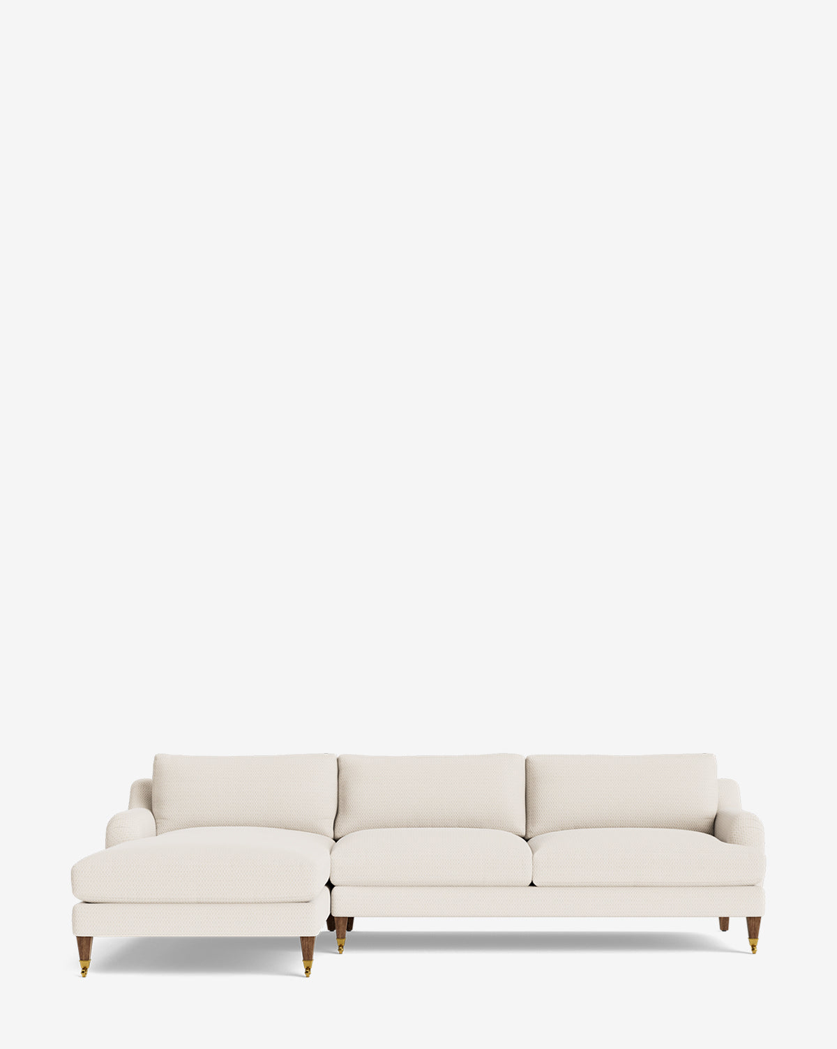 The Lucille English Roll Arm Left Chaise Sectional 107 by Community features cream upholstery, three down-wrapped cushions, a left-side chaise, and wooden legs with brass feet—all shown against a plain white background. McGee & Co.