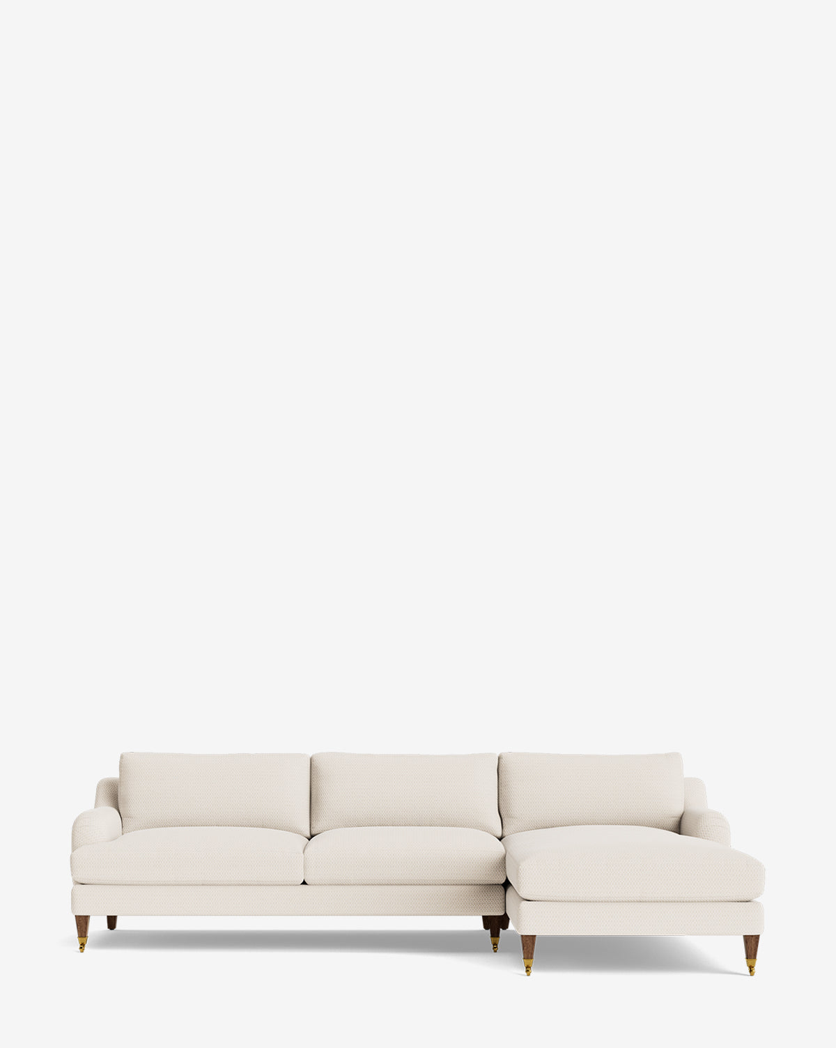 The Lucille English Roll Arm Right Chaise Sectional 107 by Community is a cream-colored, customizable sofa with down-wrapped cushions and wood legs, featuring a right-facing English roll arm chaise on a white background. McGee & Co.