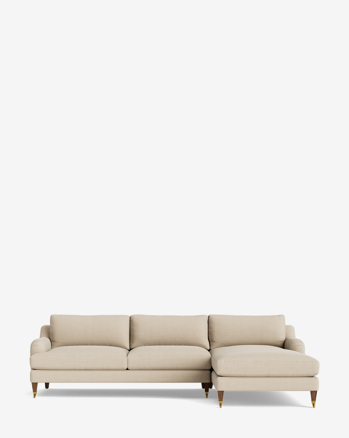 The Lucille English Roll Arm Right Chaise Sectional 107 in beige features wooden legs with front wheels, three down-wrapped cushions, and a customizable extended right chaise, set against a plain white background by McGee & Co.