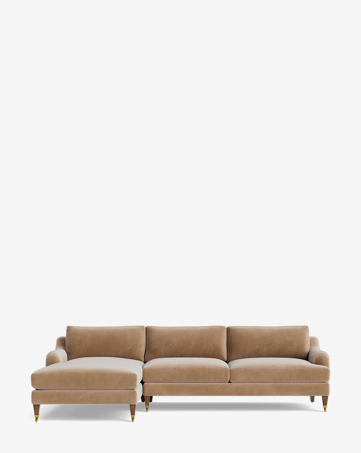 The Lucille English Roll Arm Left Chaise Sectional 107 is a tan sofa with three cushions, wooden legs with gold-toned casters, and a left-side chaise lounge, shown against a plain white background by McGee & Co.