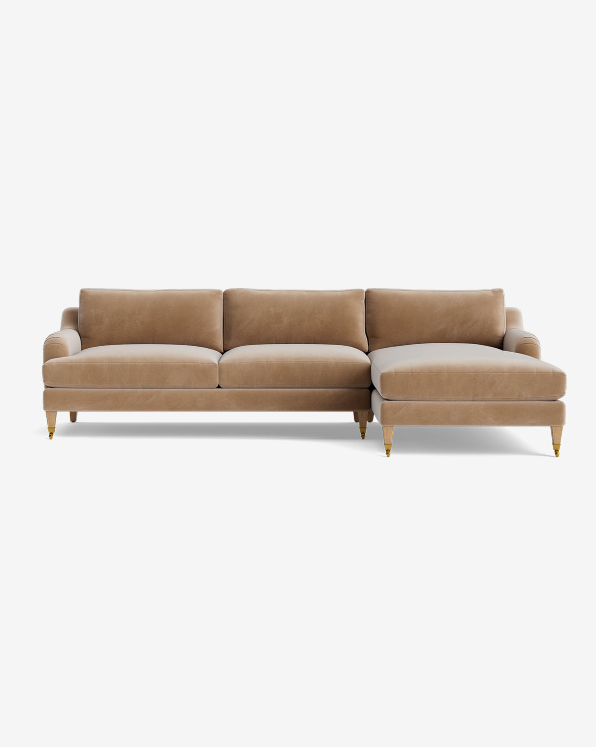 The Lucille English Roll Arm Right Chaise Sectional 107 features tan velvet upholstery, three down-wrapped cushions, a right-facing chaise lounge, and wooden legs with brass tips, displayed against a white background by McGee & Co.