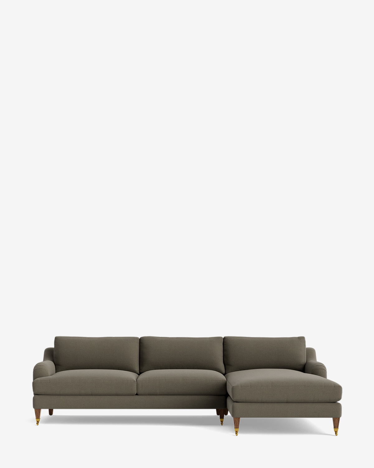 The Lucille English Roll Arm Right Chaise Sectional 107 by Community features three gray seat cushions, a right-side English Roll Arm Chaise, down-wrapped comfort, and wooden legs, shown on a plain white background. McGee & Co.