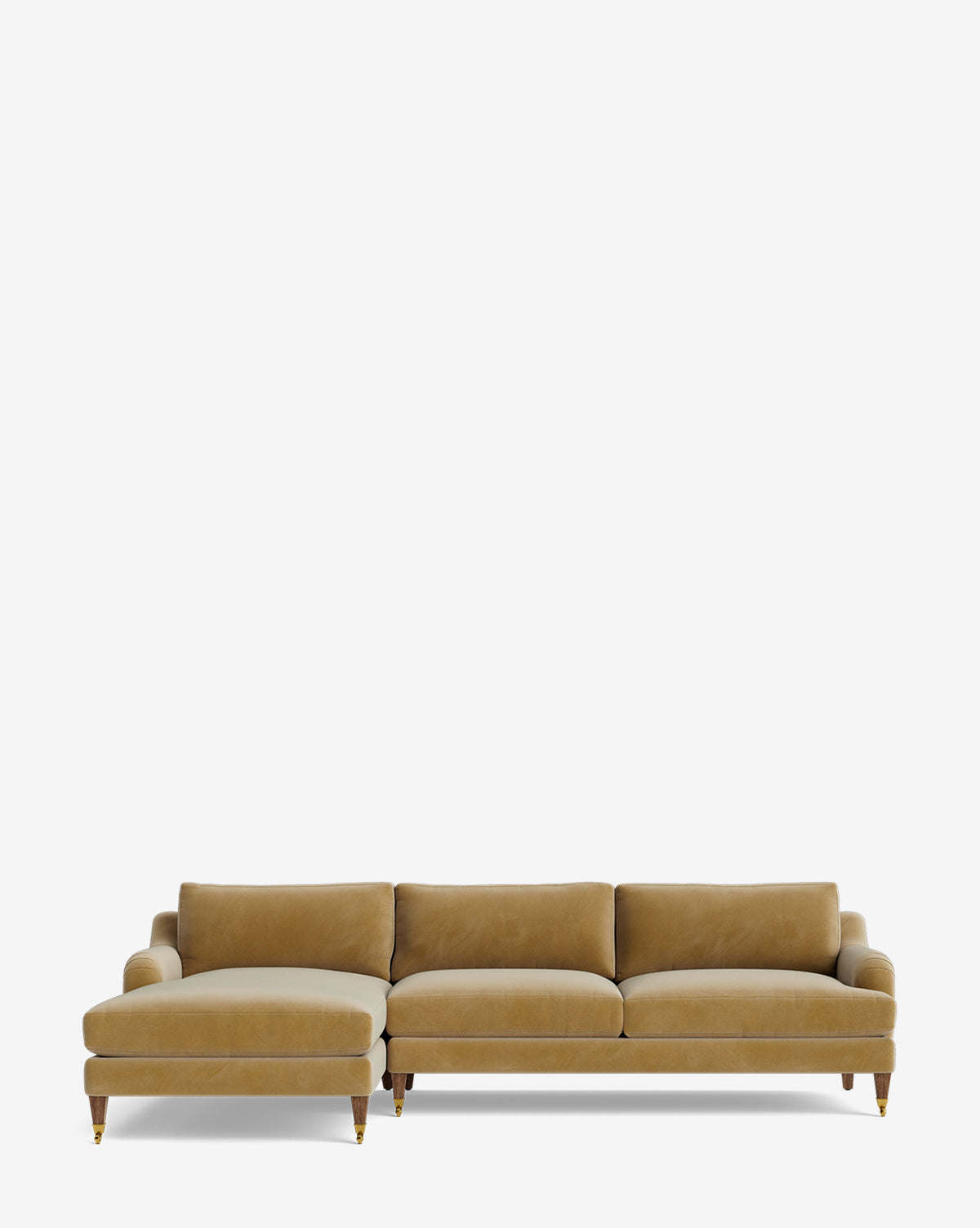 The Lucille English Roll Arm Left Chaise Sectional 107 in mustard yellow velvet features three seat cushions, English roll arms, and wooden legs with brass casters, displayed against a plain white background by McGee & Co.