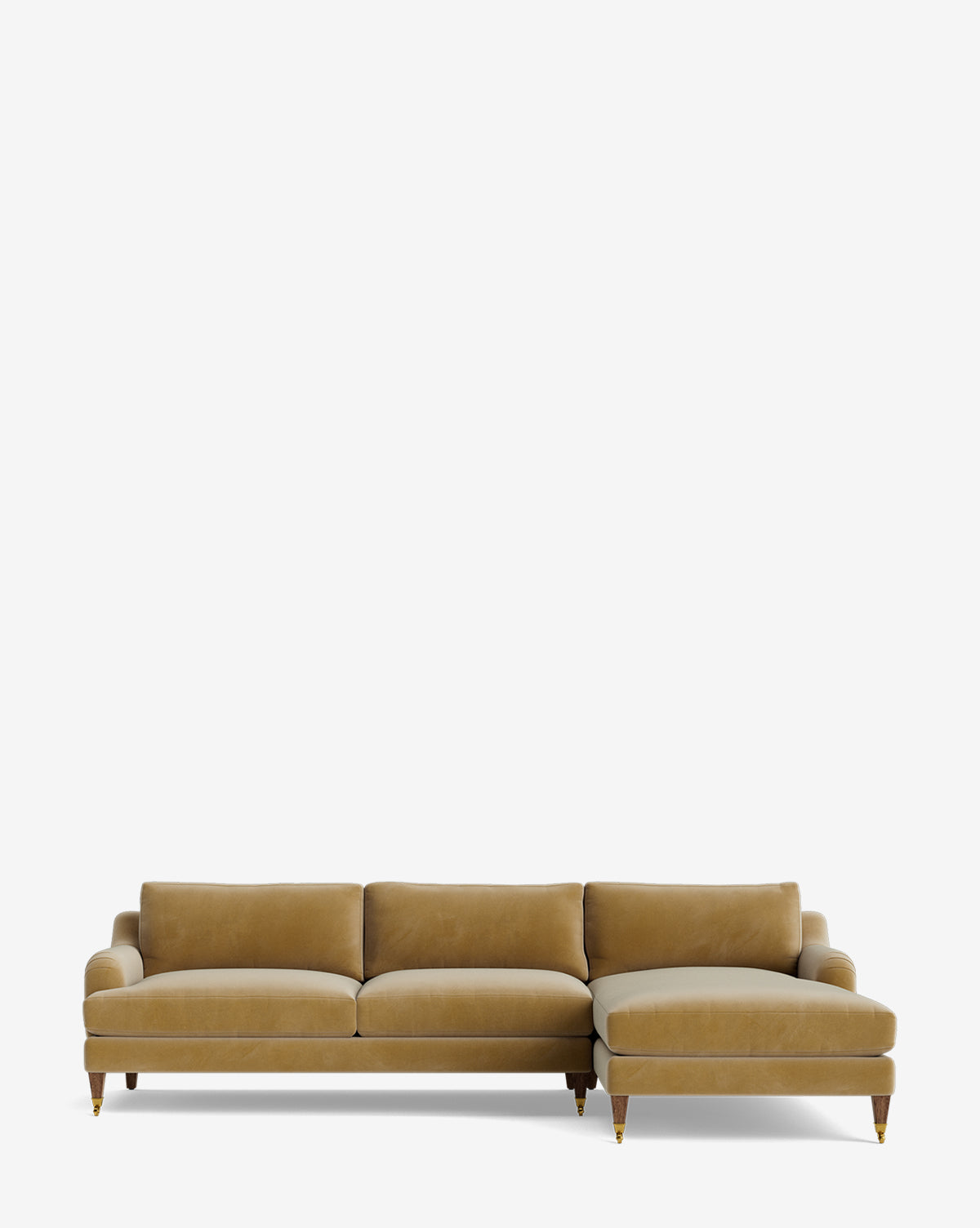 The Lucille English Roll Arm Right Chaise Sectional 107 features a modern mustard-yellow design with three down-wrapped cushions, a right-side chaise lounge, and wooden legs with brass accents, shown against a plain white background, by McGee & Co.