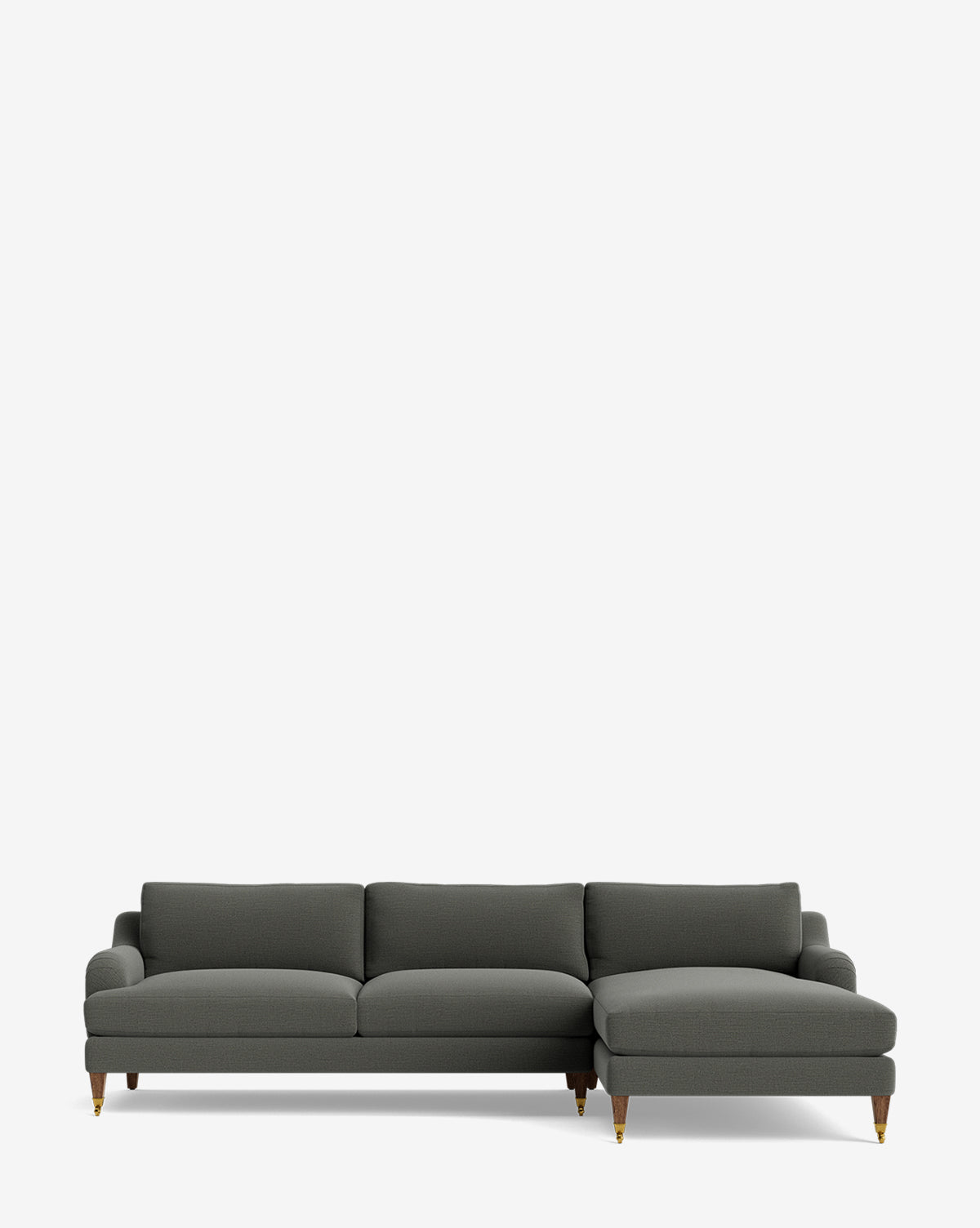 The Community Lucille English Roll Arm Right Chaise Sectional 107 is a dark gray, customizable three-seater with down-wrapped cushions and wooden legs with brass caps, shown here against a plain white background. McGee & Co.