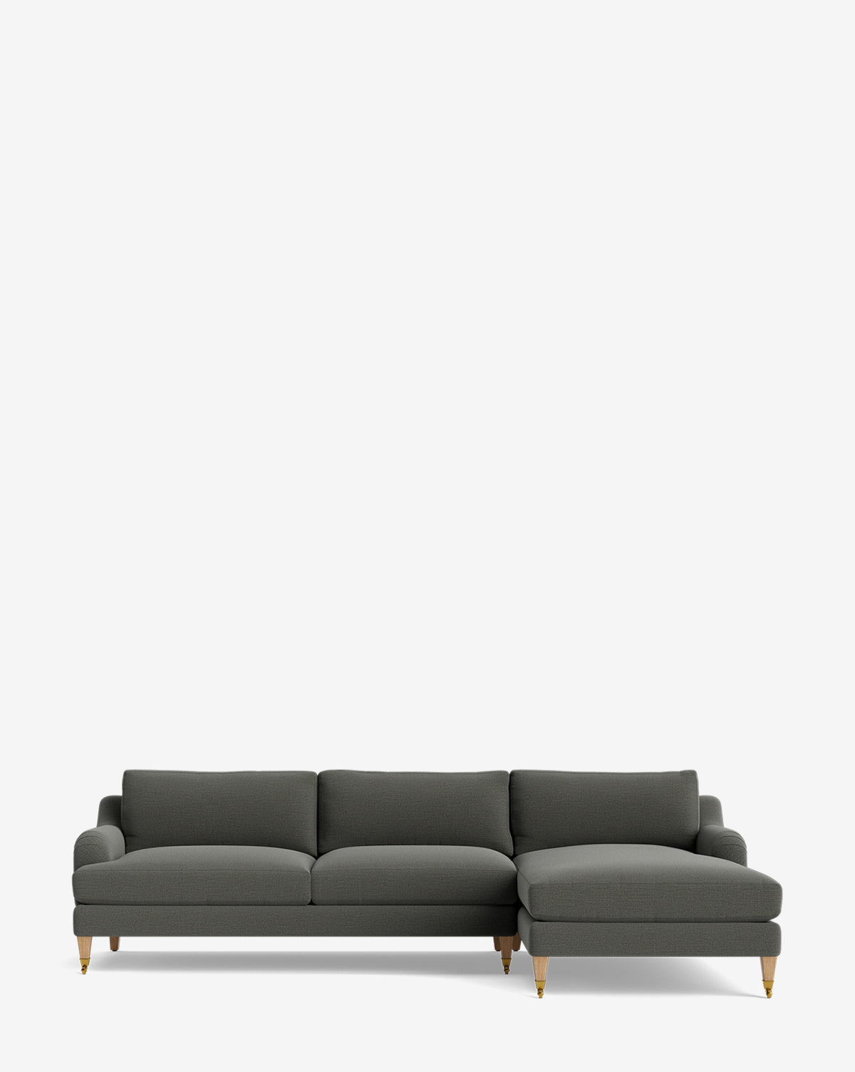 The Community Lucille English Roll Arm Right Chaise Sectional 107 is a dark grey, three-seat customizable sofa with a right-facing chaise, wooden legs, down-wrapped cushions, and a modern minimalist design shown on a plain white background. McGee & Co.