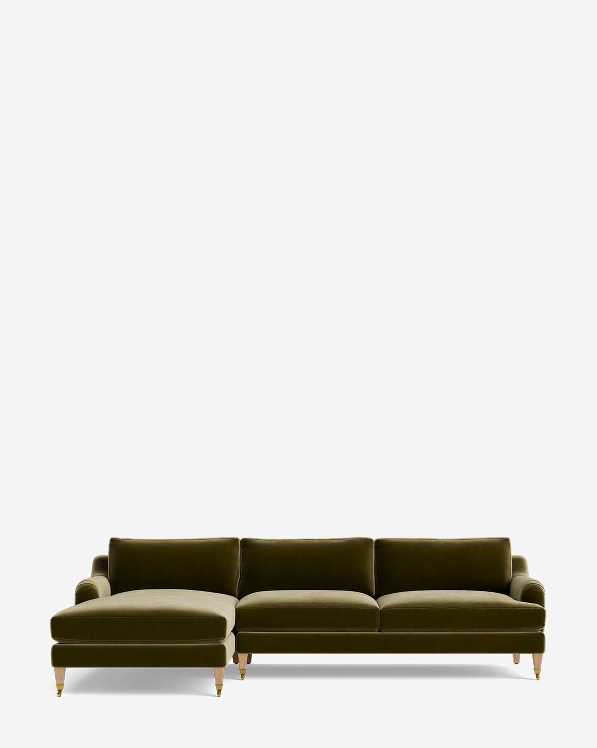 The Lucille English Roll Arm Left Chaise Sectional 107 features modern olive green velvet upholstery, three seat cushions, a left-facing attached chaise lounge, English roll arms, and wooden legs with gold castors against a plain white background, by McGee & Co.