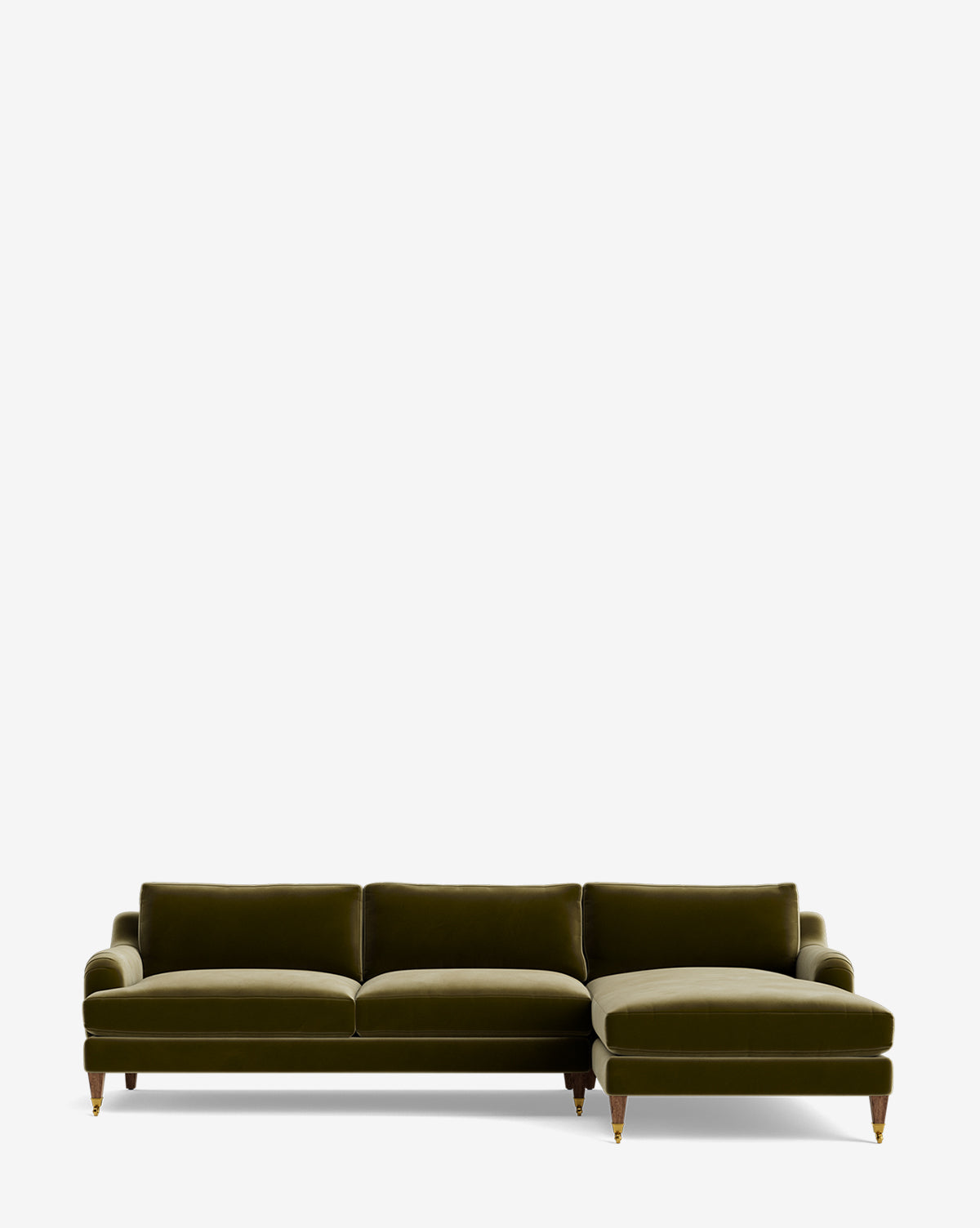 The Lucille English Roll Arm Right Chaise Sectional 107 features olive green velvet, three down-wrapped cushions, a right-side customizable chaise, and short wooden legs with gold casters, pictured against a plain white background by McGee & Co.