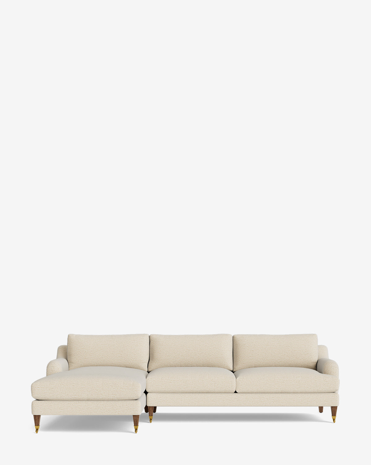 The Community Lucille English Roll Arm Left Chaise Sectional 107 in beige features three down-wrapped seat cushions, three back cushions, wooden legs with brass caps, and a classic English roll arm design against a white background. McGee & Co.