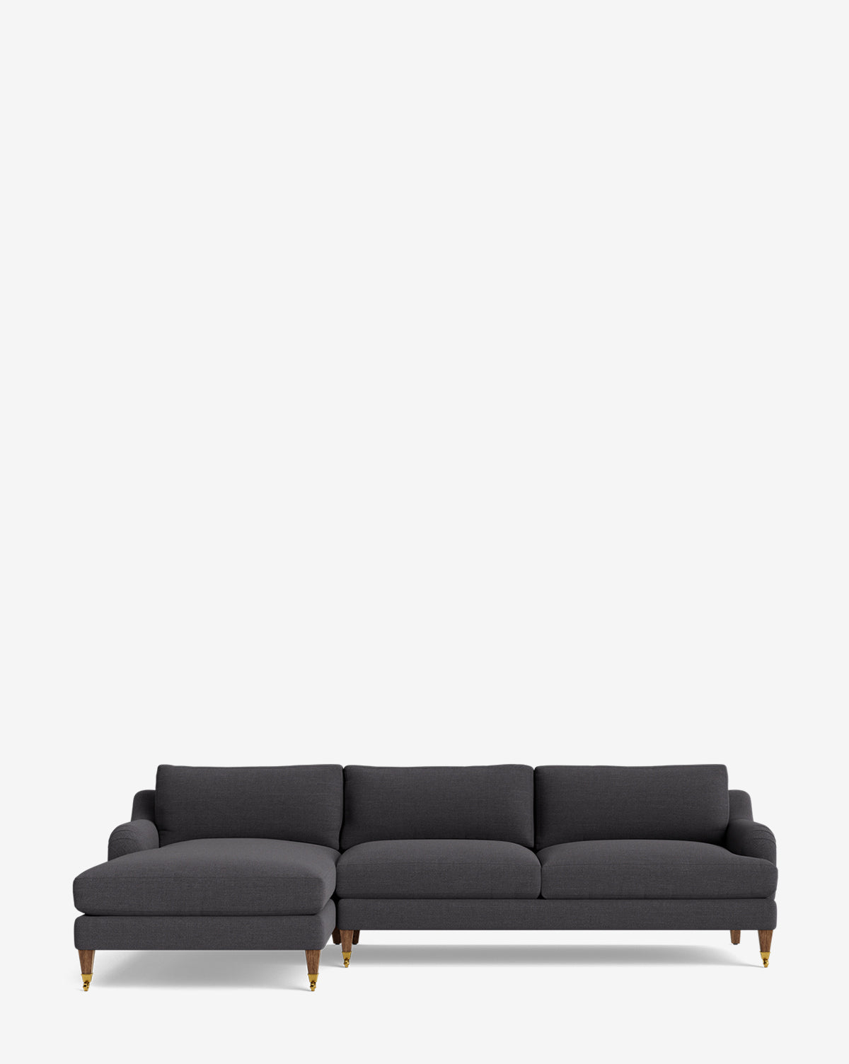 The Lucille English Roll Arm Left Chaise Sectional 107 in modern dark gray features plush cushions and wooden legs with gold-colored metal tips, shown against a plain white background by McGee & Co.