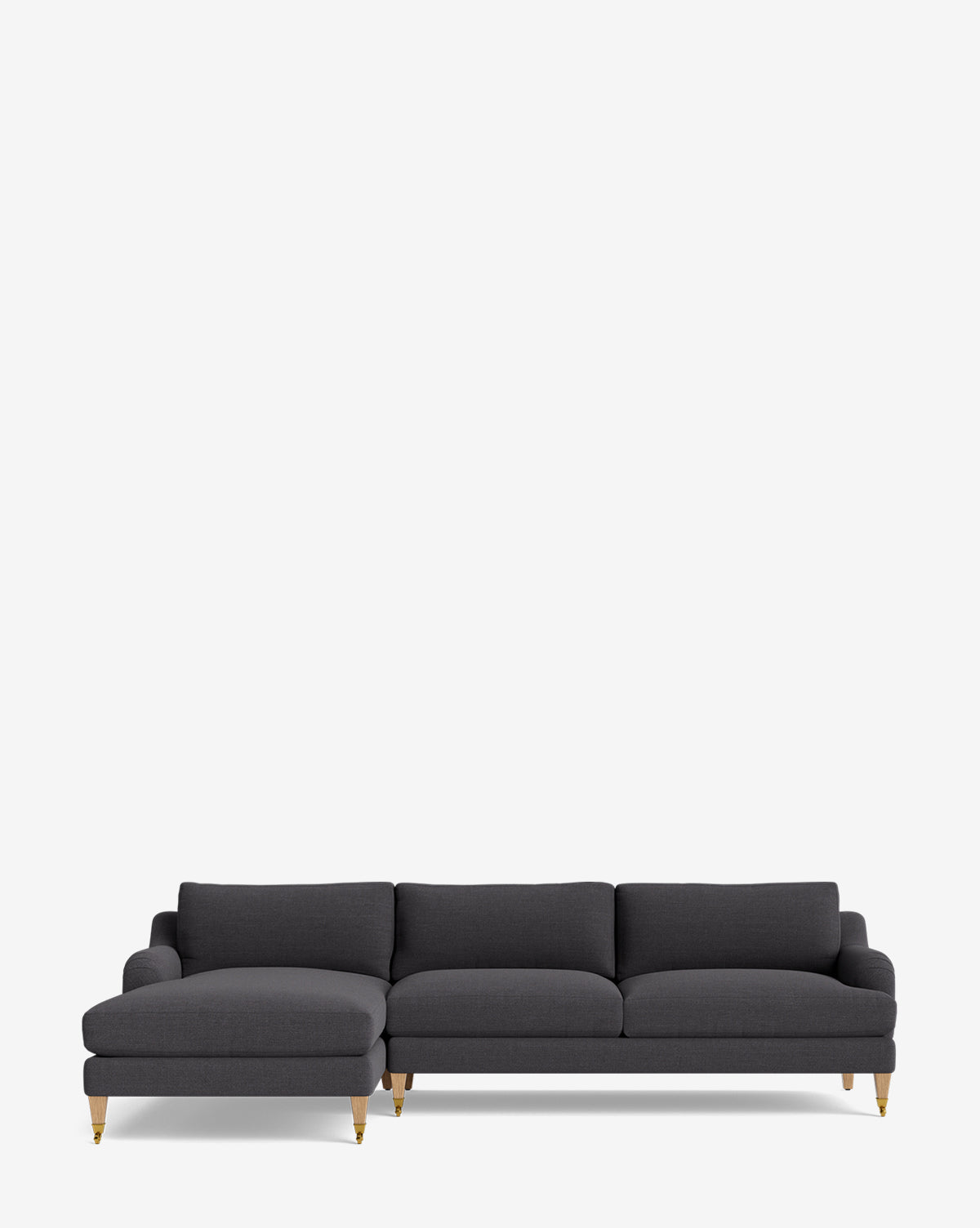 The Lucille English Roll Arm Left Chaise Sectional 107 features a dark gray finish, three seat cushions, a left-side chaise lounge, and wooden legs with gold-colored tips, all shown against a plain white background, by McGee & Co.