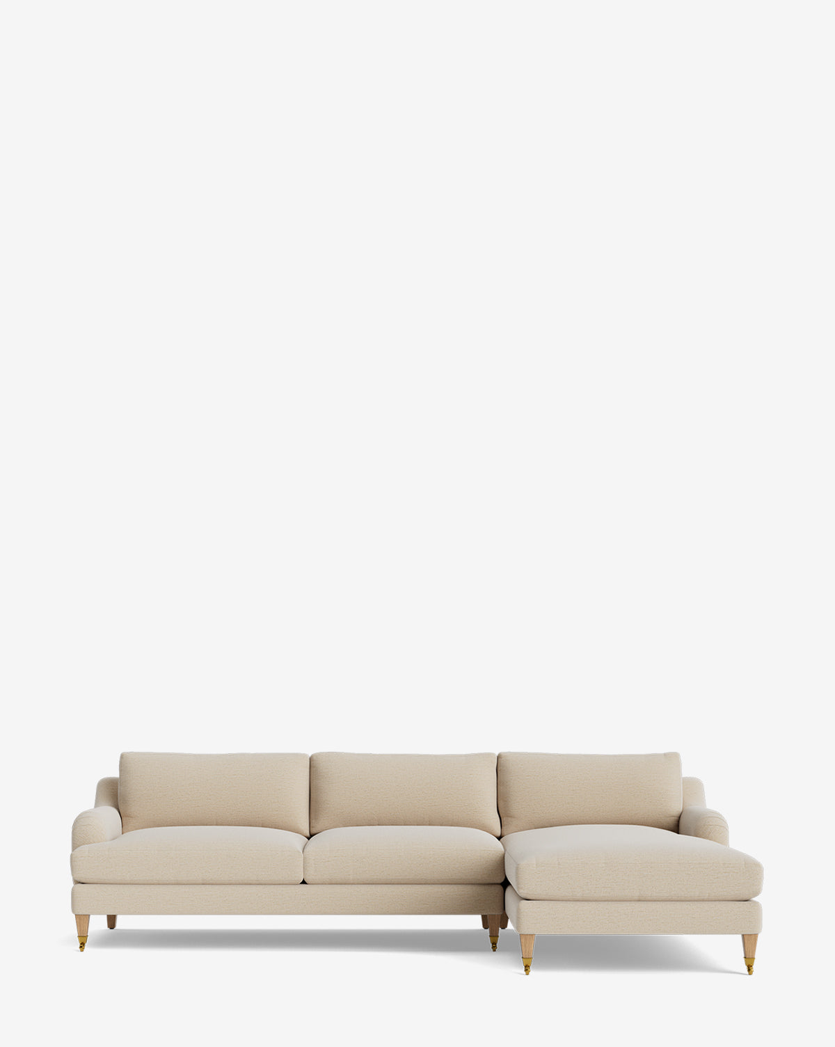 The Community Lucille English Roll Arm Right Chaise Sectional 107 features down-wrapped cushions, three seat cushions, a right-side chaise lounge, and wooden legs, shown on a plain white background. McGee & Co.