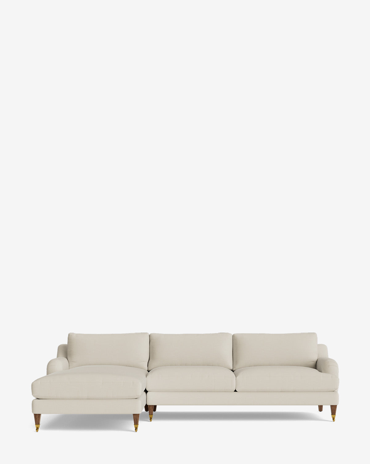 The Lucille English Roll Arm Left Chaise Sectional 107 is a modern, light beige sofa with three seat and back cushions and wooden legs with brass caps, shown against a plain white background, by McGee & Co.