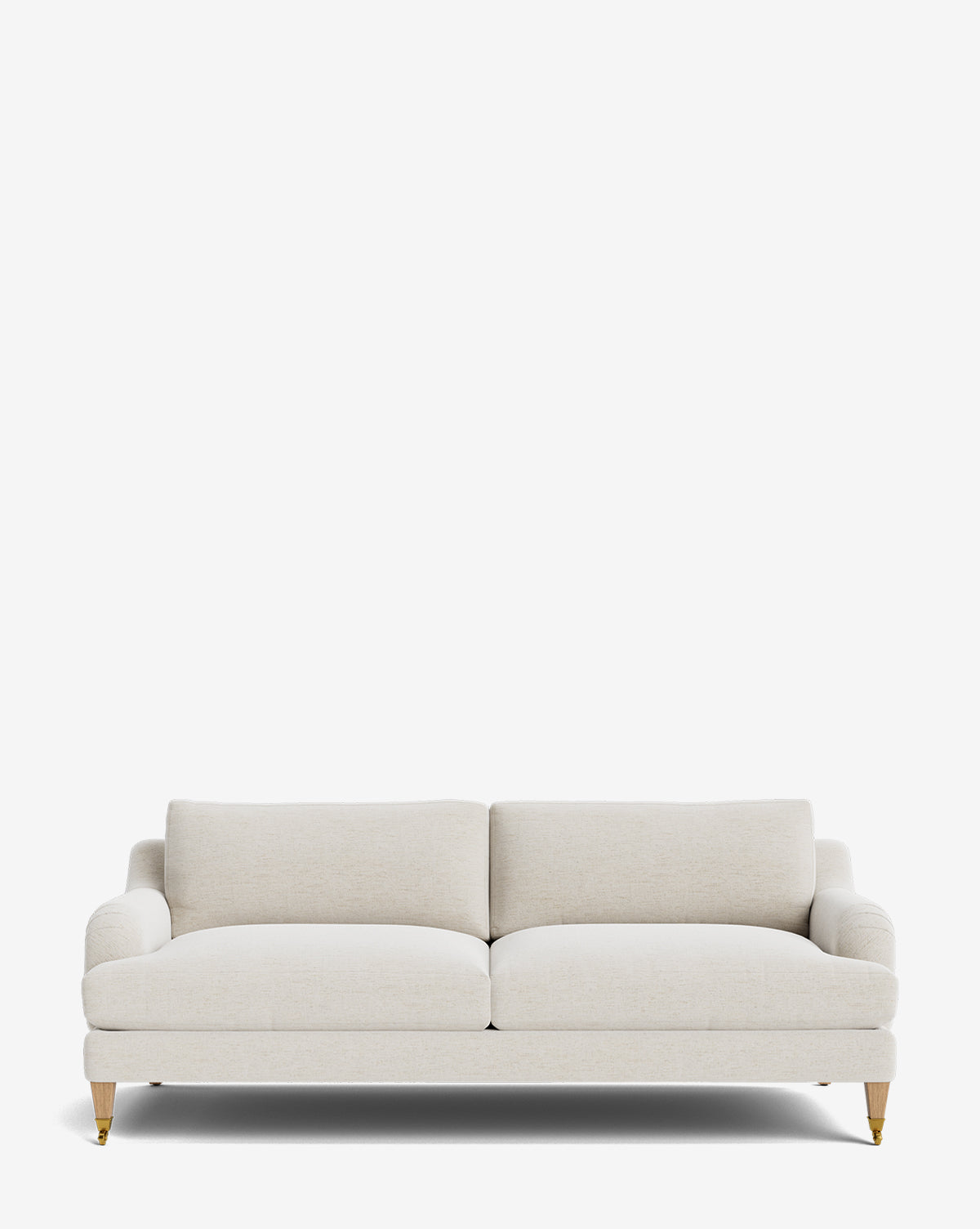 The Lucille English Roll Arm Sofa 78 is a modern, light beige customizable sofa with wooden legs and gold-colored caps, featuring two seat and two back cushions, shown against a plain white background by McGee & Co.