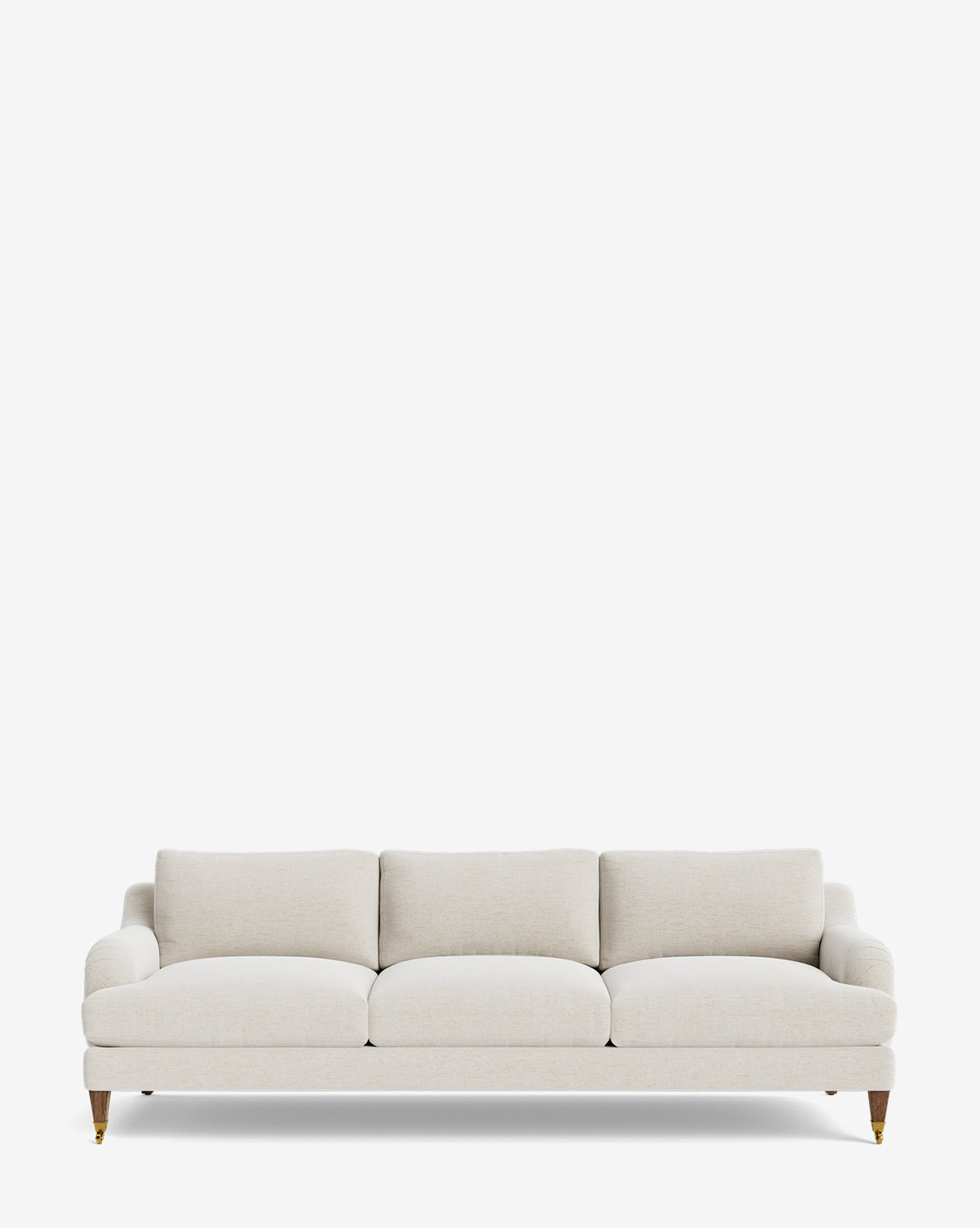 The Lucille English Roll Arm Sofa 90.5 is a modern three-seater with light beige fabric, down-wrapped cushions, wooden legs, and front brass casters—shown against a white background for a customizable look by McGee & Co.