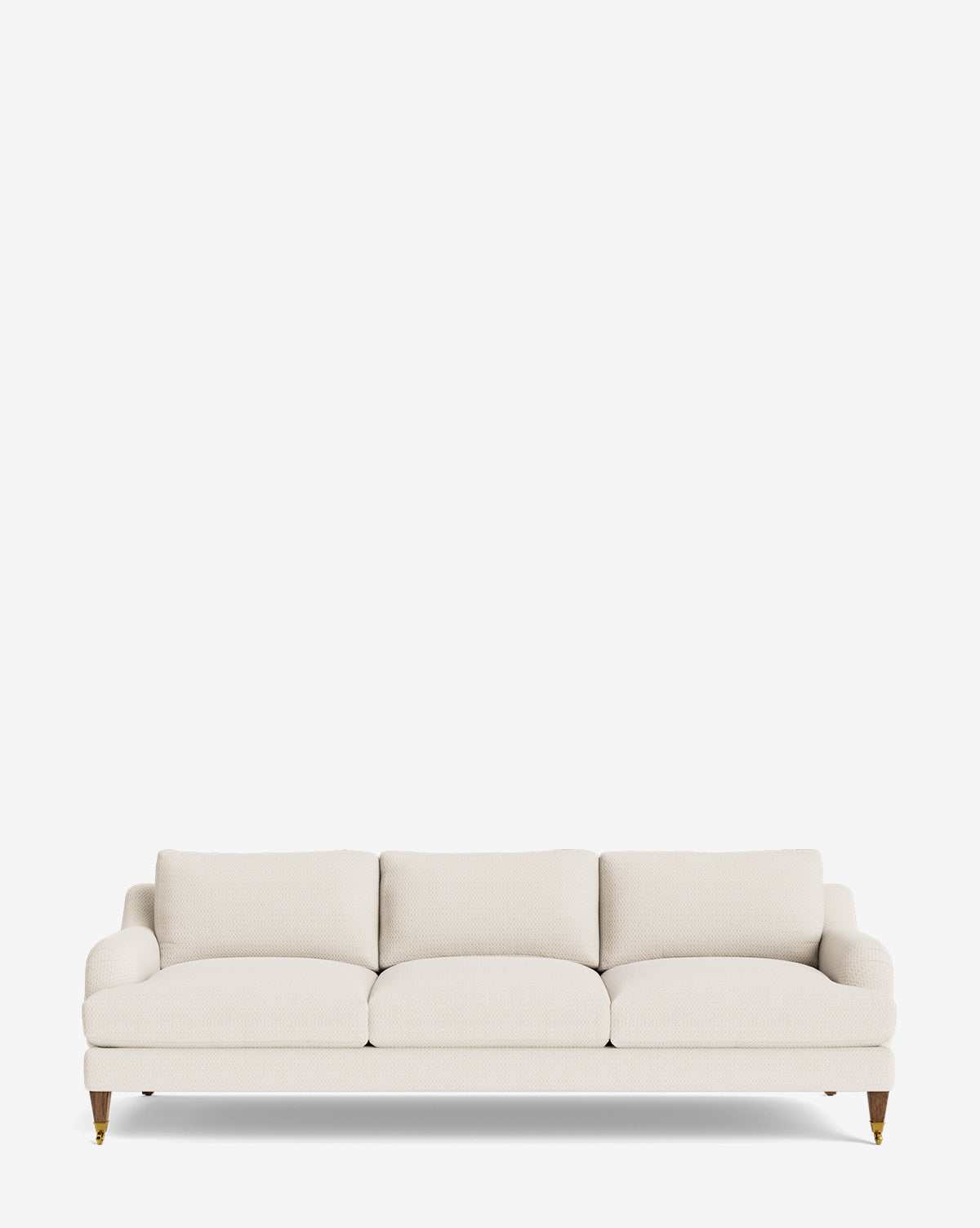 The Lucille English Roll Arm Sofa 90.5 is a modern, customizable piece in off-white upholstery, featuring three down-wrapped cushions and wooden legs with brass-colored casters on a white background by McGee & Co.