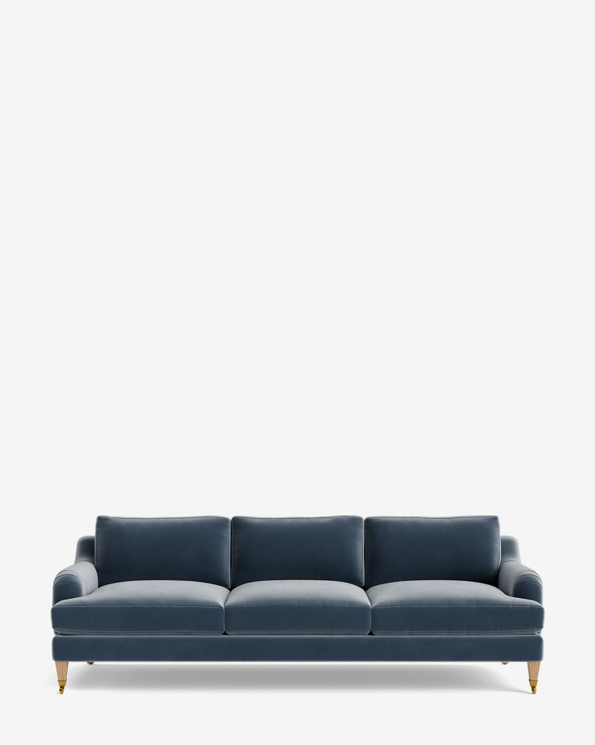 The Lucille English Roll Arm Sofa 90.5 is a modern, customizable sofa in dark blue fabric with three down-wrapped seat cushions, three back cushions, and short wooden legs with brass castors, shown on a plain white background by McGee & Co.