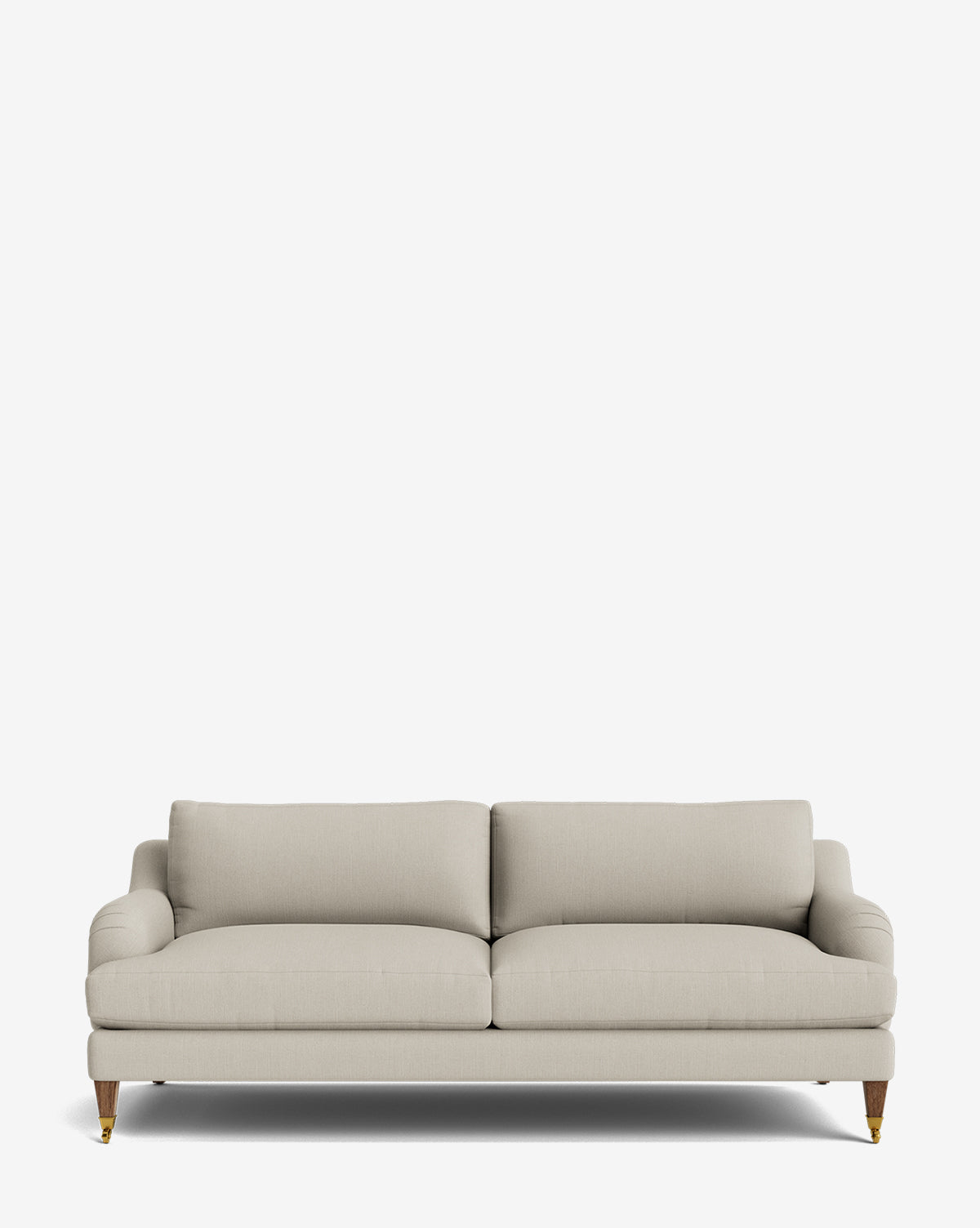 The Lucille English Roll Arm Sofa 78 is a modern, customizable light beige sofa with two seat and back cushions, down-wrapped for comfort, and wooden legs with gold accents, displayed against a plain white background by McGee & Co.
