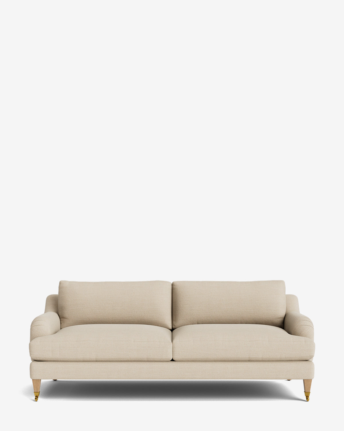 The Lucille English Roll Arm Sofa 78 is a beige, three-seater with plush down-wrapped cushions and wooden legs, shown against a plain white background by McGee & Co.