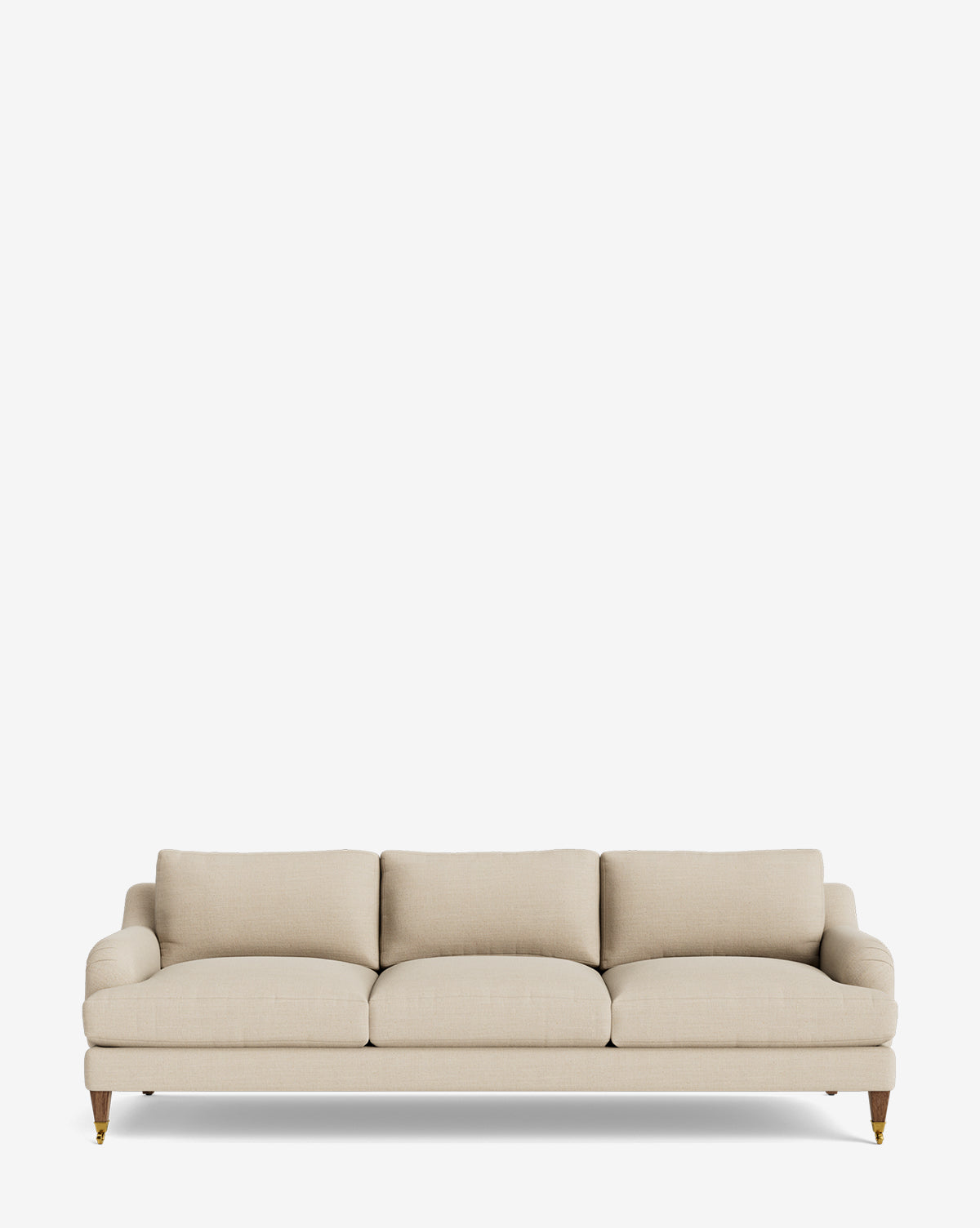The Lucille English Roll Arm Sofa 90.5 features a beige fabric, three down-wrapped seat cushions, wooden legs with brass front casters, and is set against a plain white background, by McGee & Co. This customizable sofa offers timeless style and comfort.
