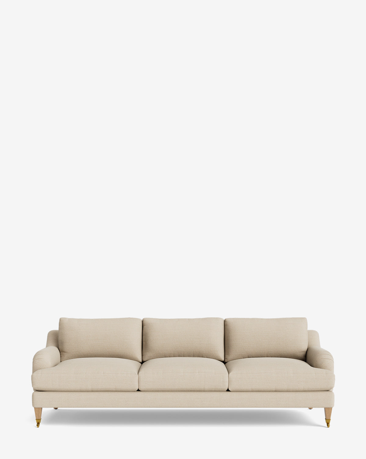 The Lucille English Roll Arm Sofa 90.5 features a beige finish, three down-wrapped cushions, and short wooden legs with brass casters, by McGee & Co. Set against a plain white background, this customizable sofa blends classic style and comfort.