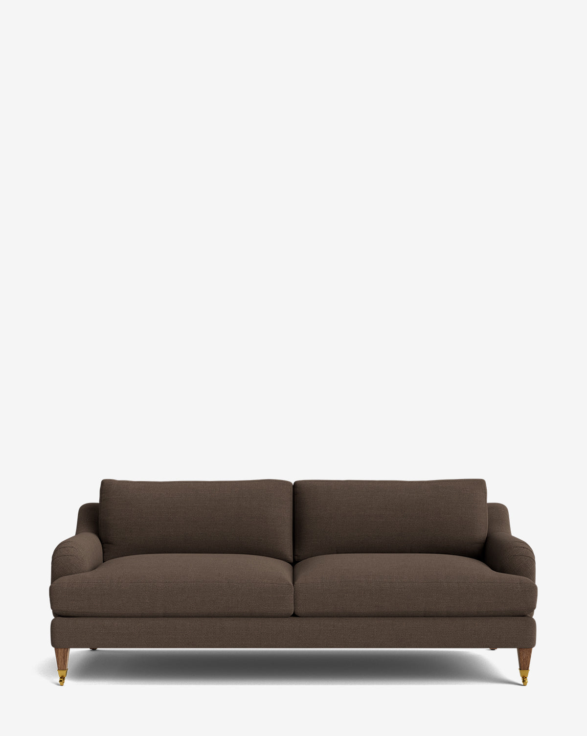 The Lucille English Roll Arm Sofa 78 features brown upholstery, two down-wrapped cushions, and wooden legs with brass castors. Set against a white background, this customizable sofa brings style and comfort to any living space by McGee & Co.