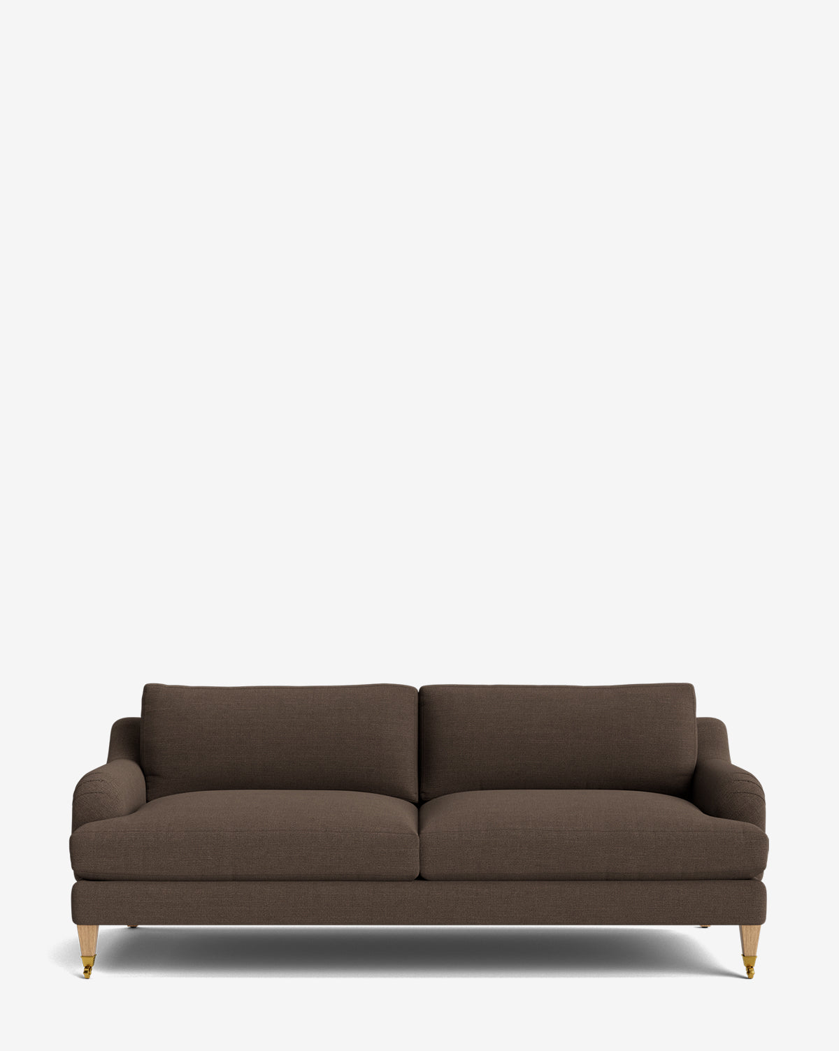 The Lucille English Roll Arm Sofa 78 is a modern brown fabric customizable sofa featuring down-wrapped cushions, low armrests, and four short wooden legs with gold-colored caps, set against a plain white background by McGee & Co.
