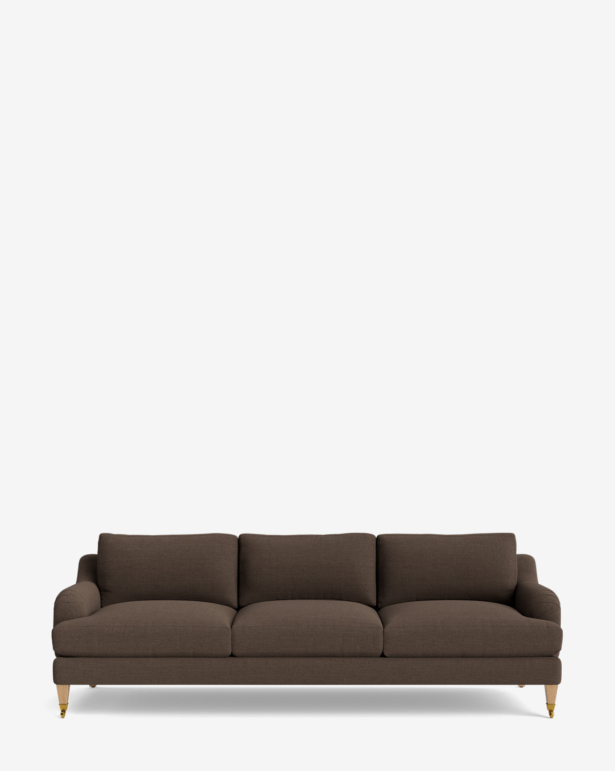 The Lucille English Roll Arm Sofa 90.5 is a modern, dark brown three-seater featuring down wrapped cushions, low arms, and slim wooden legs with gold castor accents, shown against a plain white background by McGee & Co.