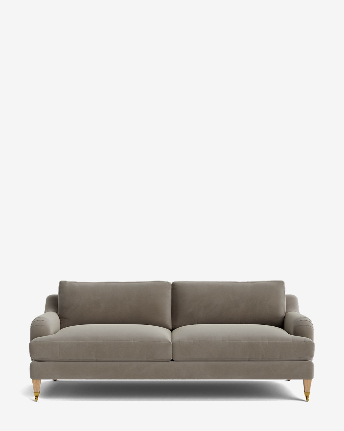 The Lucille English Roll Arm Sofa 78 features a modern light gray upholstered design with two down-wrapped seat cushions, slim arms, and short wooden legs with gold casters, displayed against a plain white background by McGee & Co.