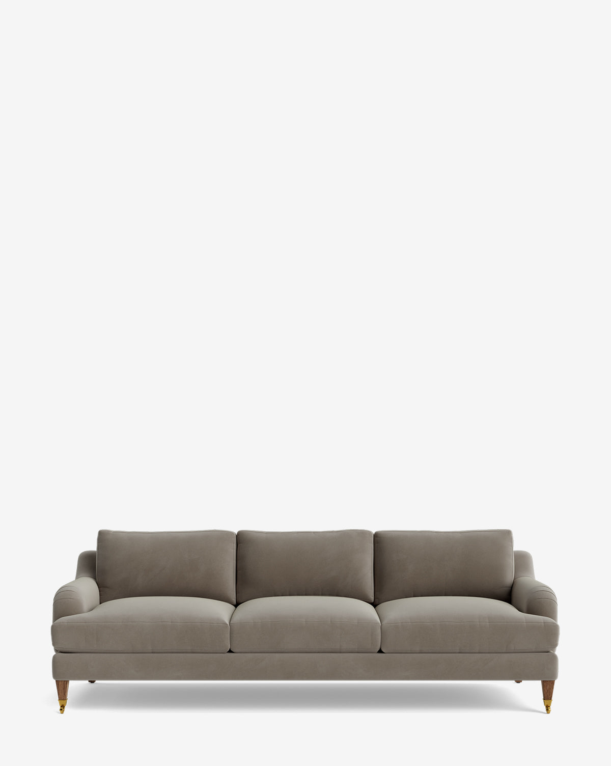 The Lucille English Roll Arm Sofa 90.5 is customizable with soft grey upholstery, down-wrapped cushions, three back cushions, rounded armrests, and short wooden legs with brass caster wheels for a classic look by McGee & Co.