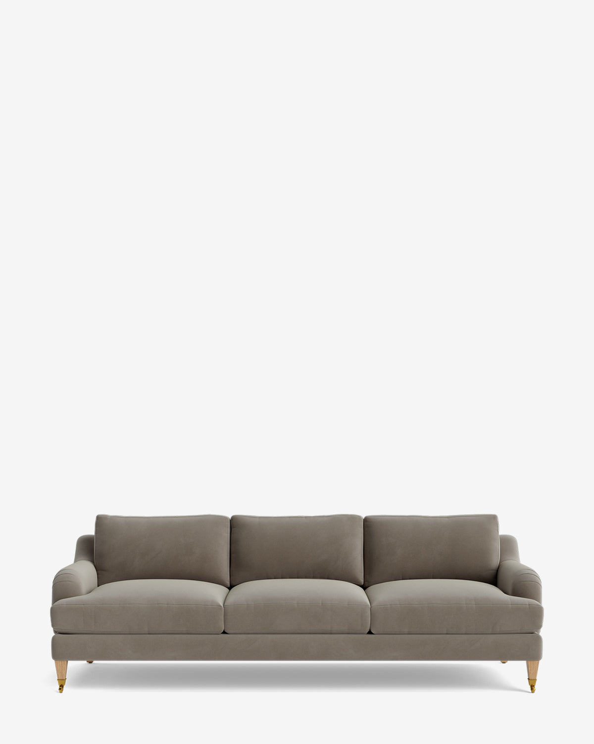 The Lucille English Roll Arm Sofa 90.5 features a modern grey design with plush, down-wrapped cushions and wooden legs with brass casters, all set against a plain white background for a customizable blend of comfort and elegance, by McGee & Co.