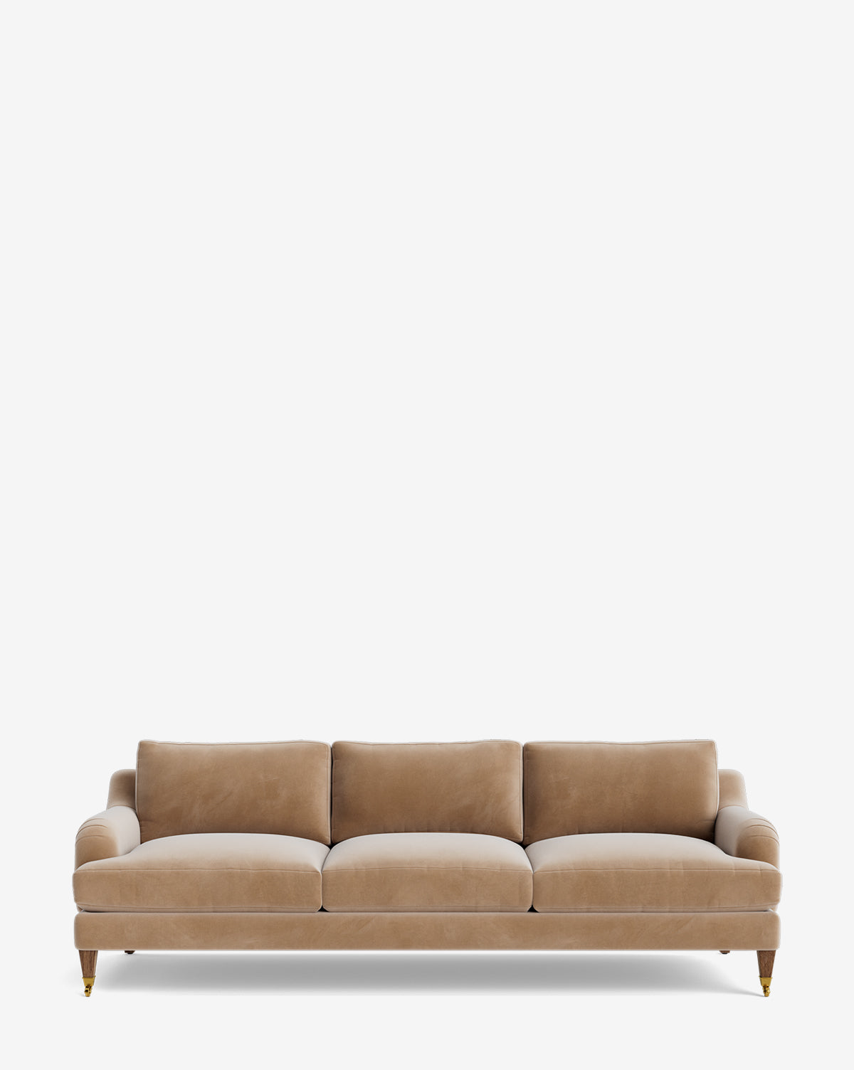 The Lucille English Roll Arm Sofa 90.5 in beige features plush, down-wrapped cushions and wooden legs with gold casters, set against a white background. This customizable sofa blends classic style with modern comfort by McGee & Co.