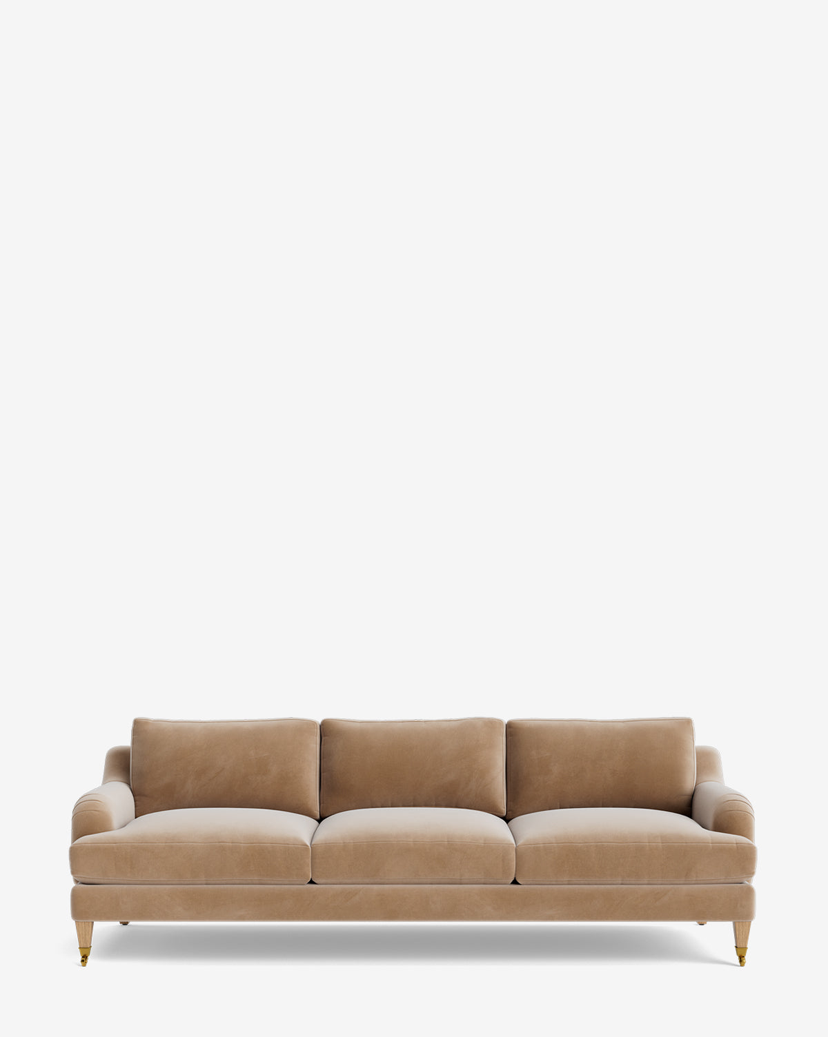 The Lucille English Roll Arm Sofa 90.5 is a beige, three-seater with plush down-wrapped cushions and gold-tipped wooden legs, displayed against a plain white background by McGee & Co.