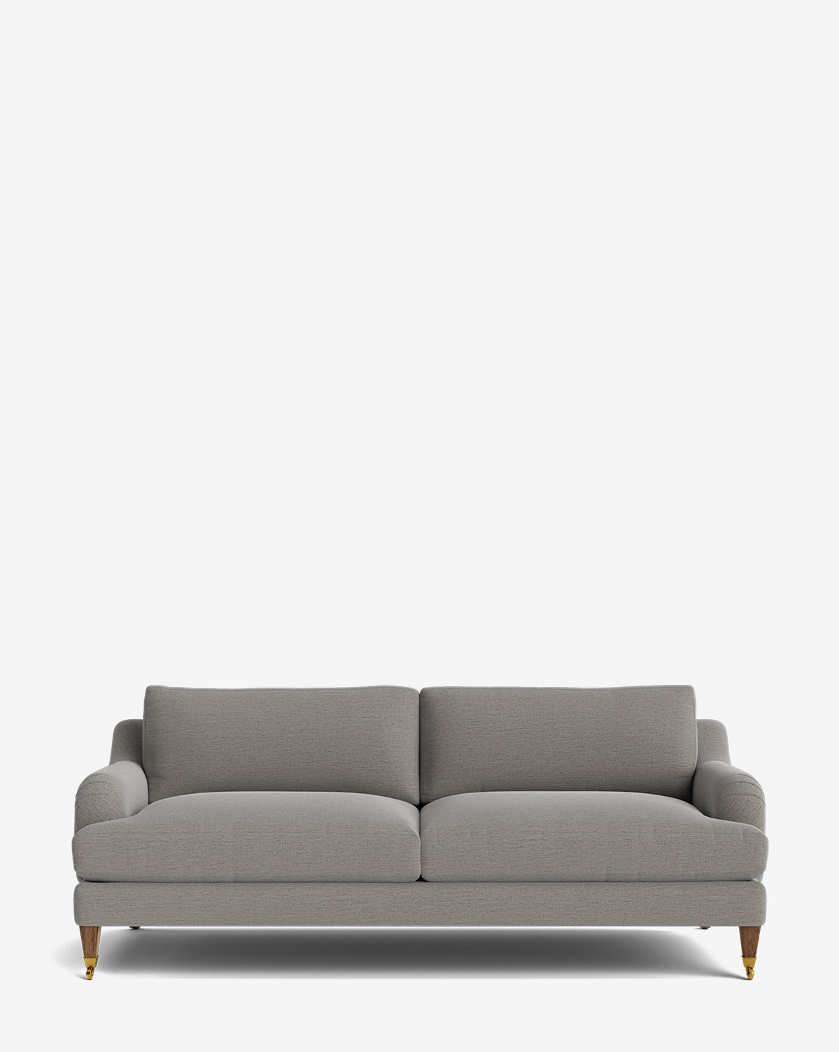 The Lucille English Roll Arm Sofa 78 features a modern light gray design with down-wrapped, two seat and back cushions, plus short wooden legs with gold casters, shown against a plain white background by McGee & Co.