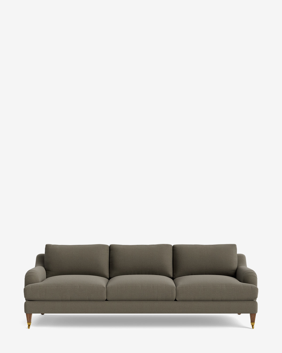 The Lucille English Roll Arm Sofa 90.5 features olive green upholstery, plush down-wrapped cushions, rounded arms, and wooden legs with brass casters, shown against a plain white background by McGee & Co.