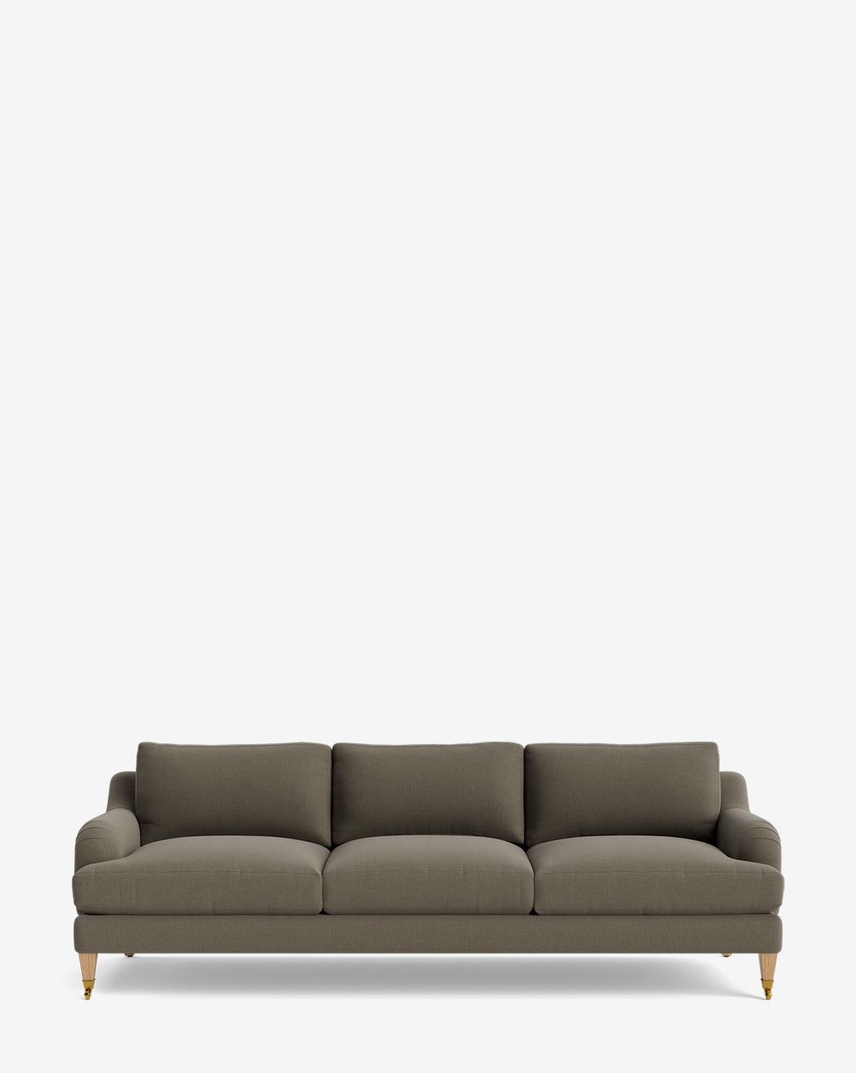 The Lucille English Roll Arm Sofa 90.5 features olive-gray upholstery, three down-wrapped seat and back cushions, rounded arms, and wooden legs with gold casters, shown against a plain white background by McGee & Co.