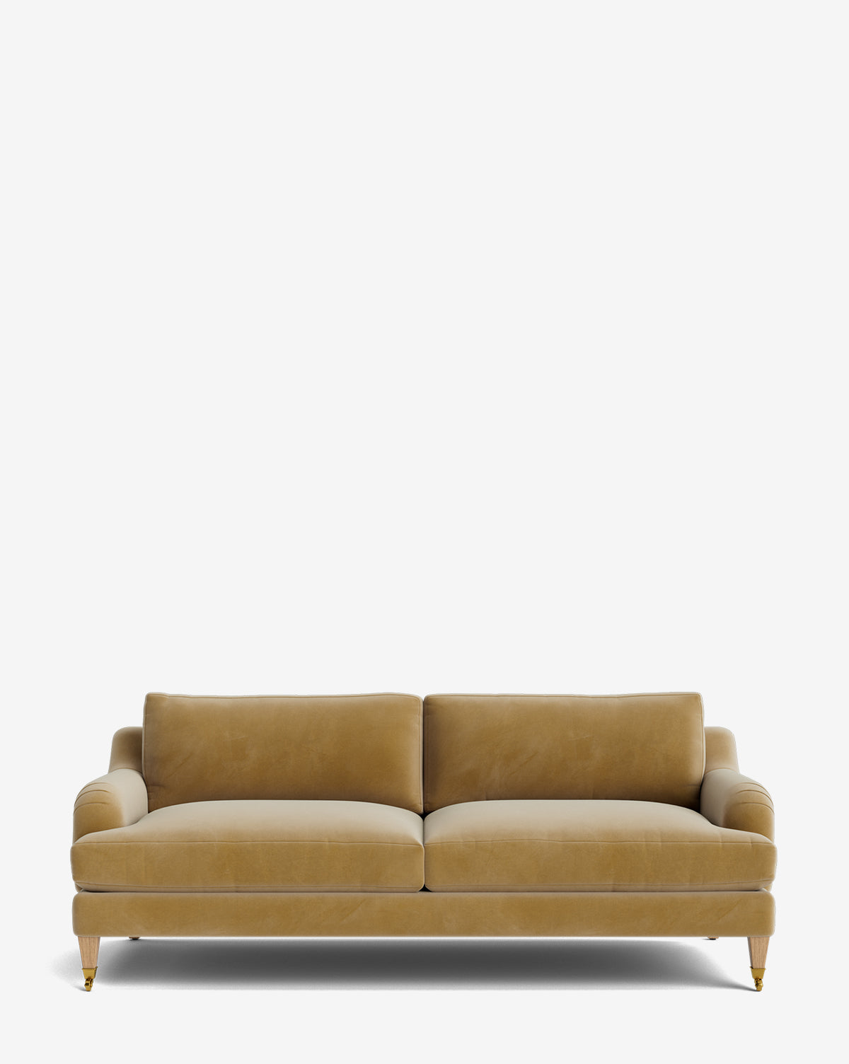 The Lucille English Roll Arm Sofa 78 in mustard yellow velvet features down-wrapped cushions, rounded armrests, and short wooden legs with brass accents, shown against a plain white background by McGee & Co.