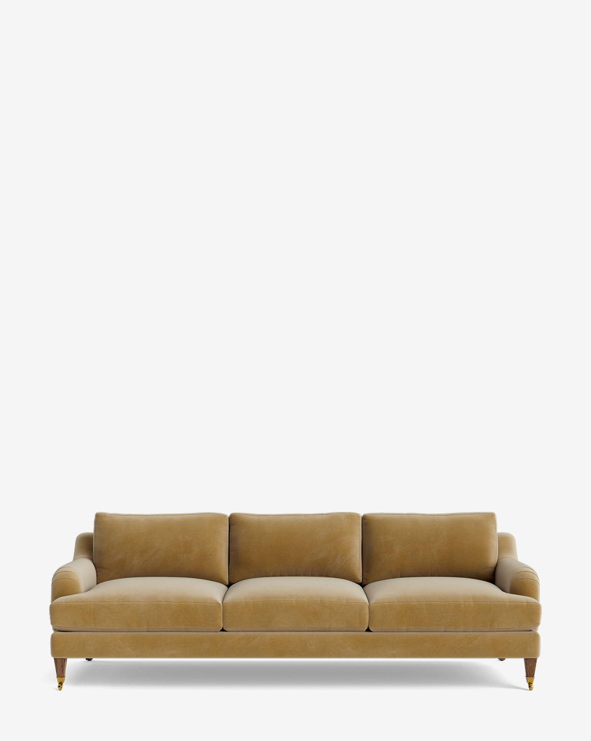 The Lucille English Roll Arm Sofa 90.5 is a mustard yellow three-seater with plush, down-wrapped cushions and wooden legs, shown against a plain white background by McGee & Co.