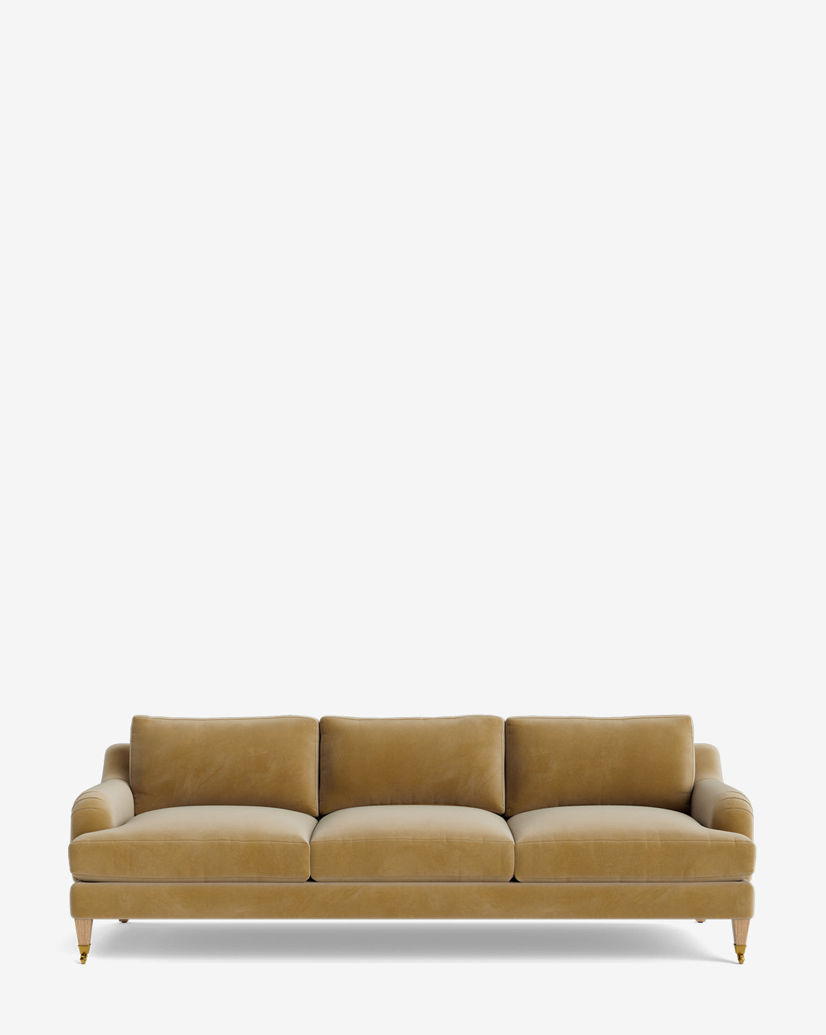 The Lucille English Roll Arm Sofa 90.5 is a modern, three-seater sofa customizable in mustard yellow velvet, featuring down-wrapped cushions, slim rounded arms, and short wooden legs with metallic caps for a stylish touch by McGee & Co.