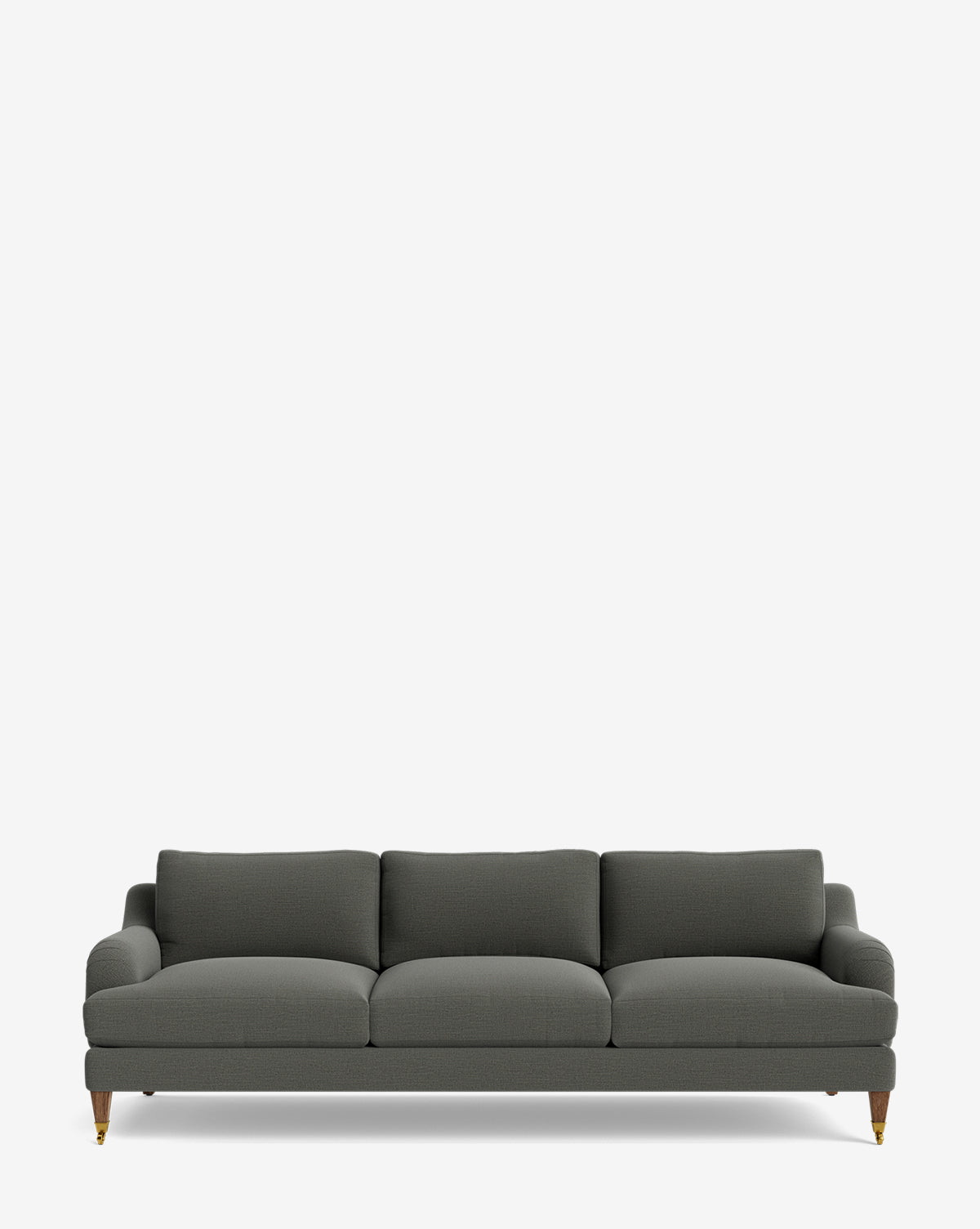 The Lucille English Roll Arm Sofa 90.5 features a modern dark gray design, plush down-wrapped cushions, and wooden legs with brass casters, shown on a plain white background by McGee & Co.