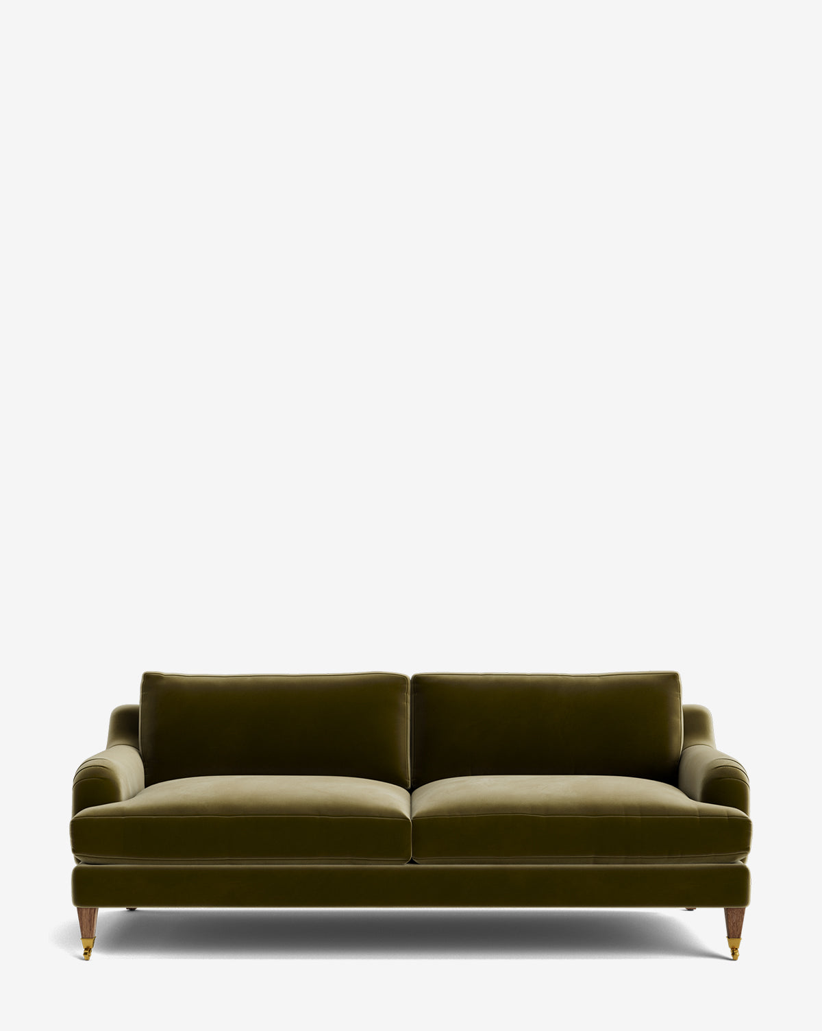The Lucille English Roll Arm Sofa 78 in modern olive green features two large down-wrapped seat cushions, two back cushions, and wooden legs with brass casters, displayed against a plain white background by McGee & Co.