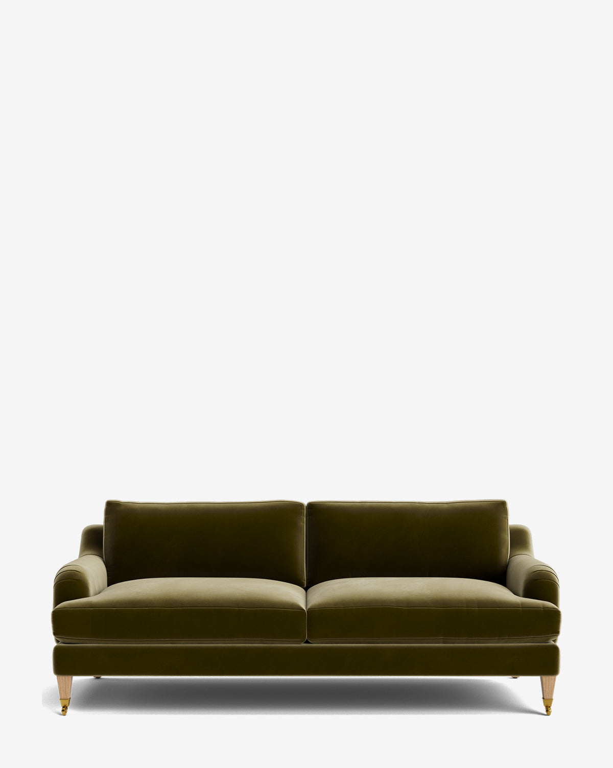 The Lucille English Roll Arm Sofa 78 features modern olive green velvet upholstery, down-wrapped seat cushions, two seat cushions, and short wooden legs with brass caps, all set against a plain white background by McGee & Co.