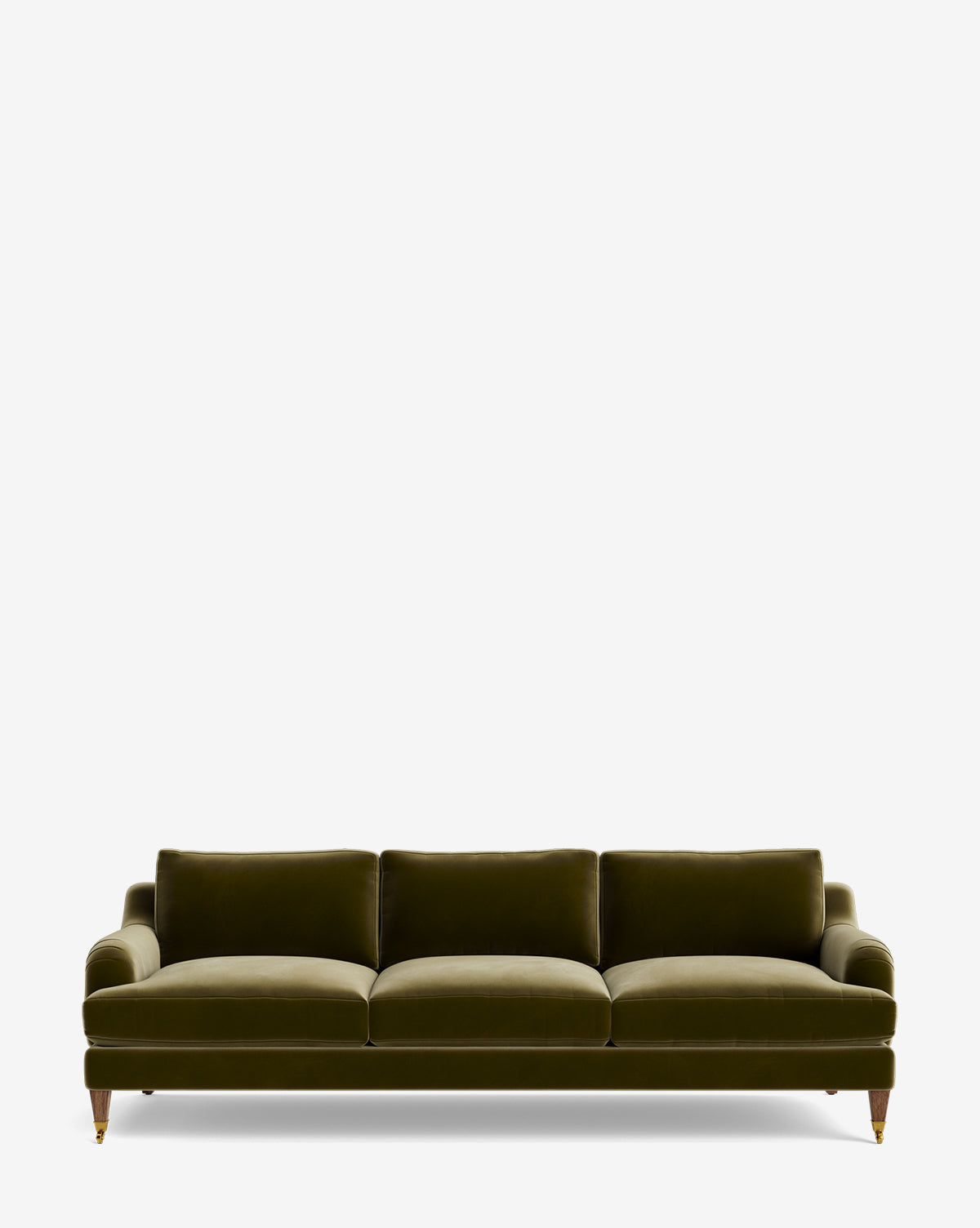 A Lucille English Roll Arm Sofa 90.5 in green velvet features three down-wrapped cushions, rounded armrests, and wooden legs with brass wheels, displayed against a plain white background by McGee & Co.