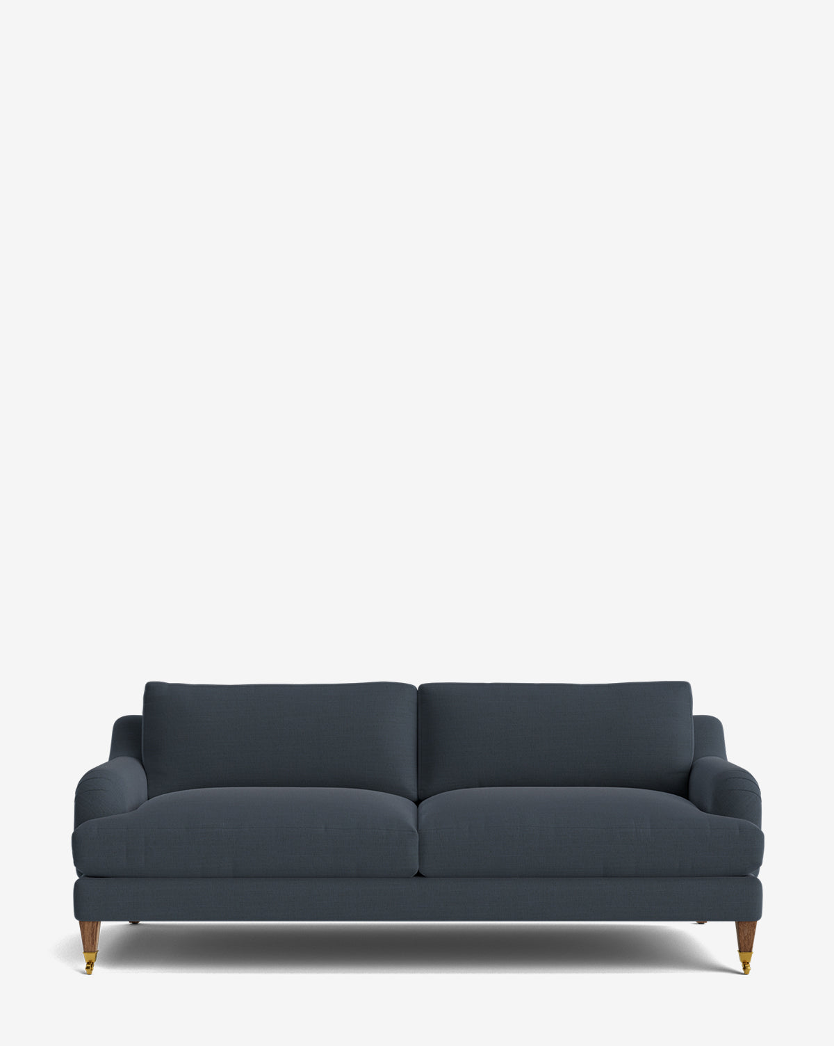 The Lucille English Roll Arm Sofa 78 is a dark blue, modern two-seater with short wooden legs, slightly angled armrests, and down wrapped cushions, shown against a plain white background by McGee & Co.
