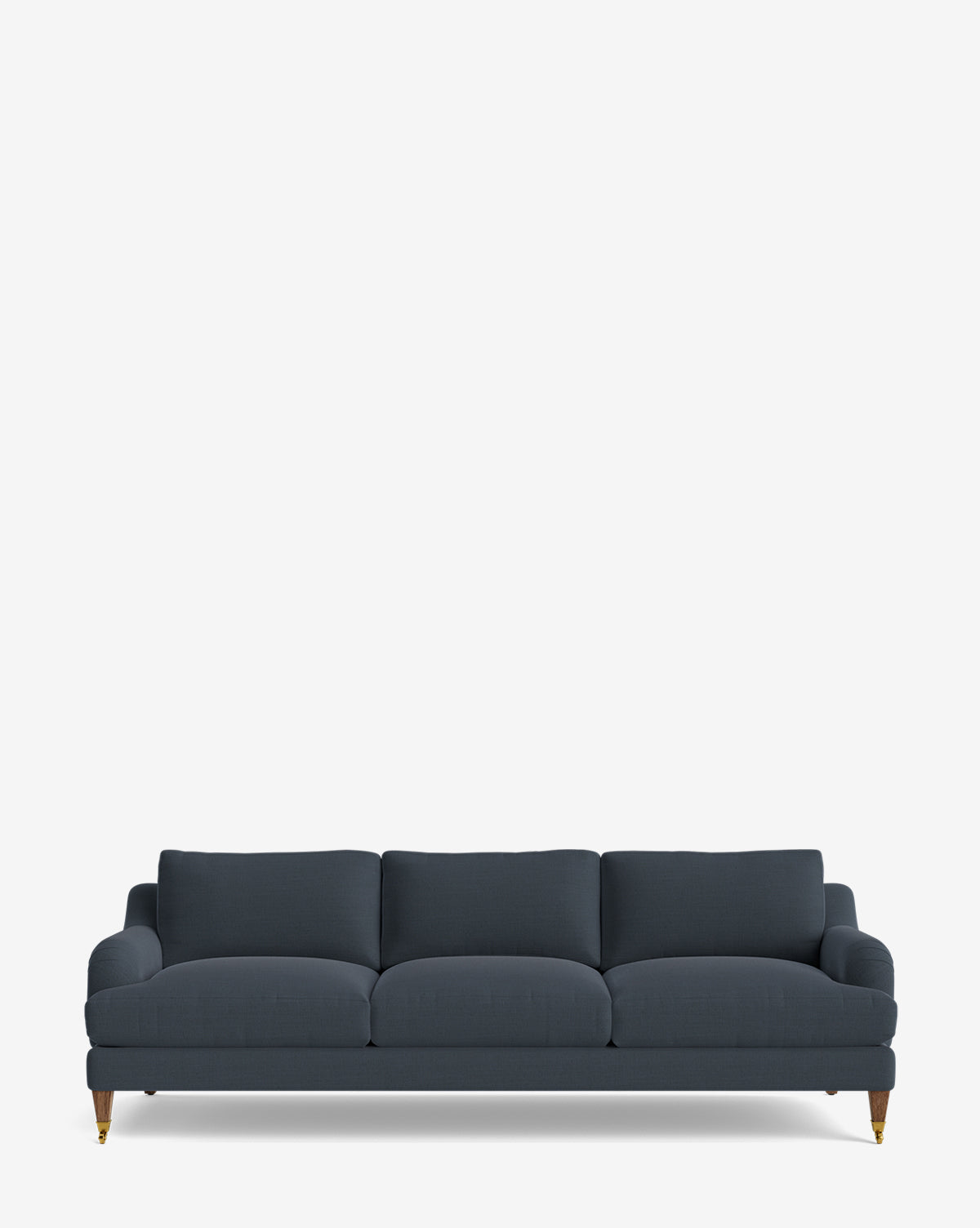 The Lucille English Roll Arm Sofa 90.5 is a modern, dark blue three-seater with down wrapped cushions and wooden legs, elegantly displayed on a white background by McGee & Co.