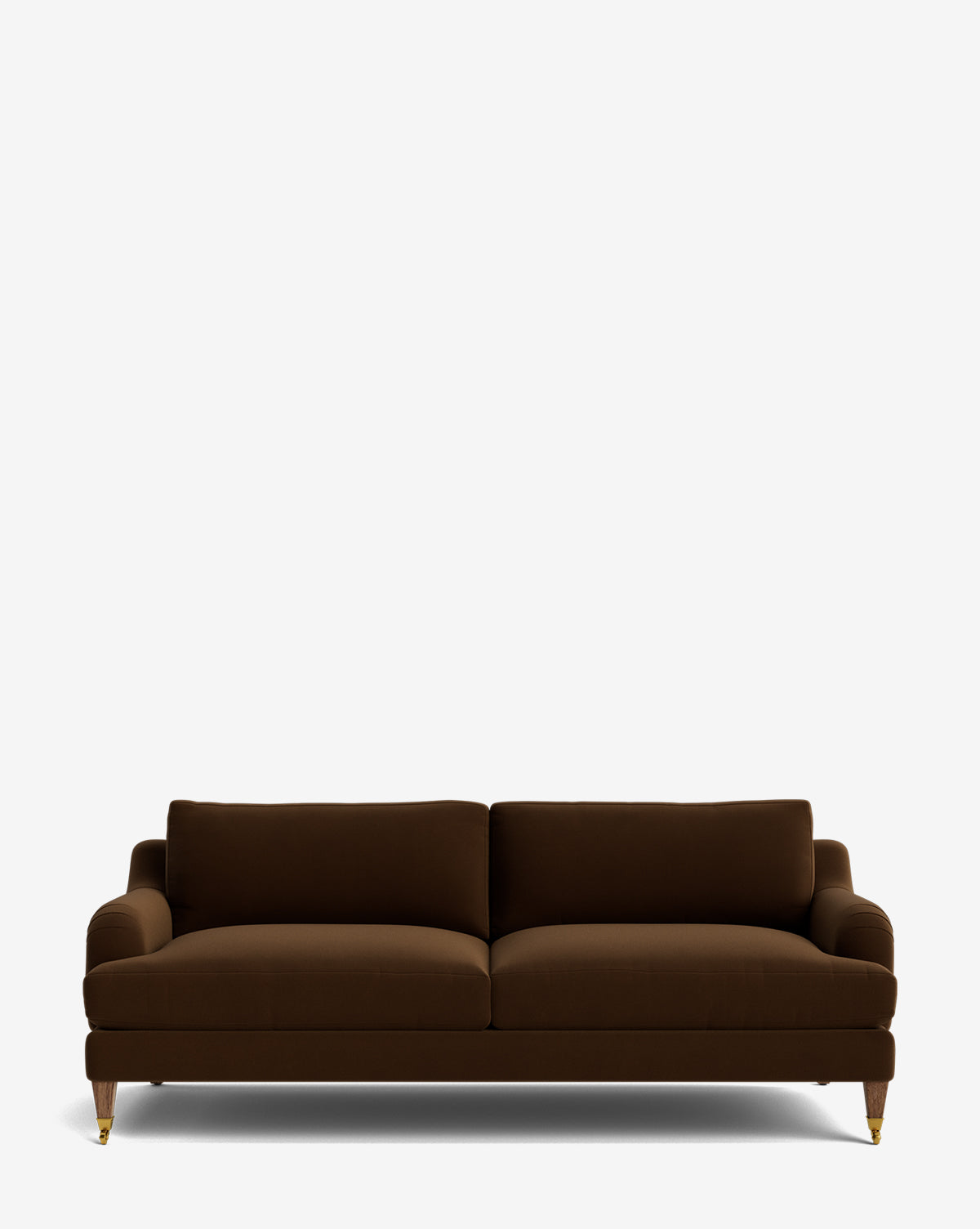 The Lucille English Roll Arm Sofa 78 is a modern, dark brown customizable sofa with two down-wrapped cushions, slim armrests, and wooden legs with brass tips, shown against a plain white background by McGee & Co.