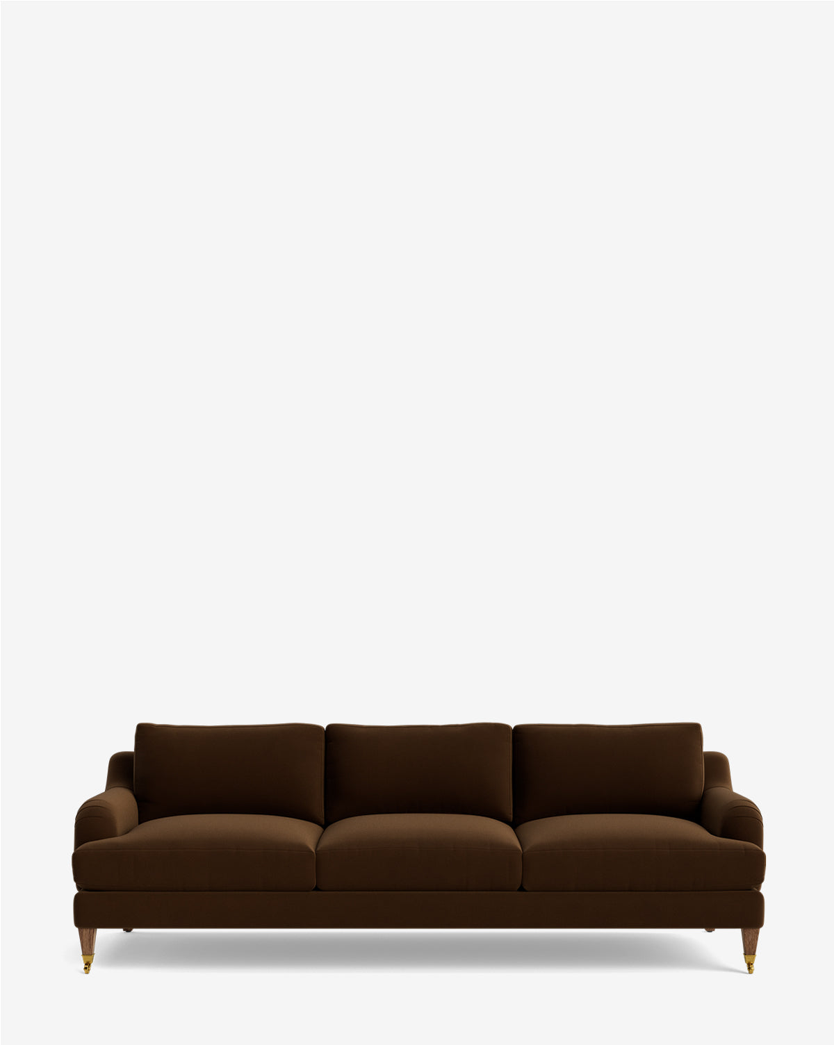 The Lucille English Roll Arm Sofa 90.5 is a modern, dark brown three-seater with down-wrapped cushions and short gold-colored legs, shown against a plain white background by McGee & Co.