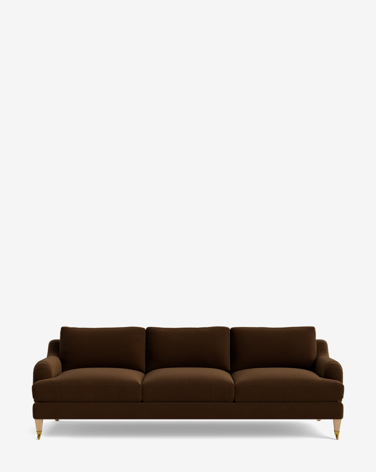 The Lucille English Roll Arm Sofa 90.5 is a modern, customizable three-seater in dark brown with plush down-wrapped cushions and slim gold legs, shown against a plain white background by McGee & Co.
