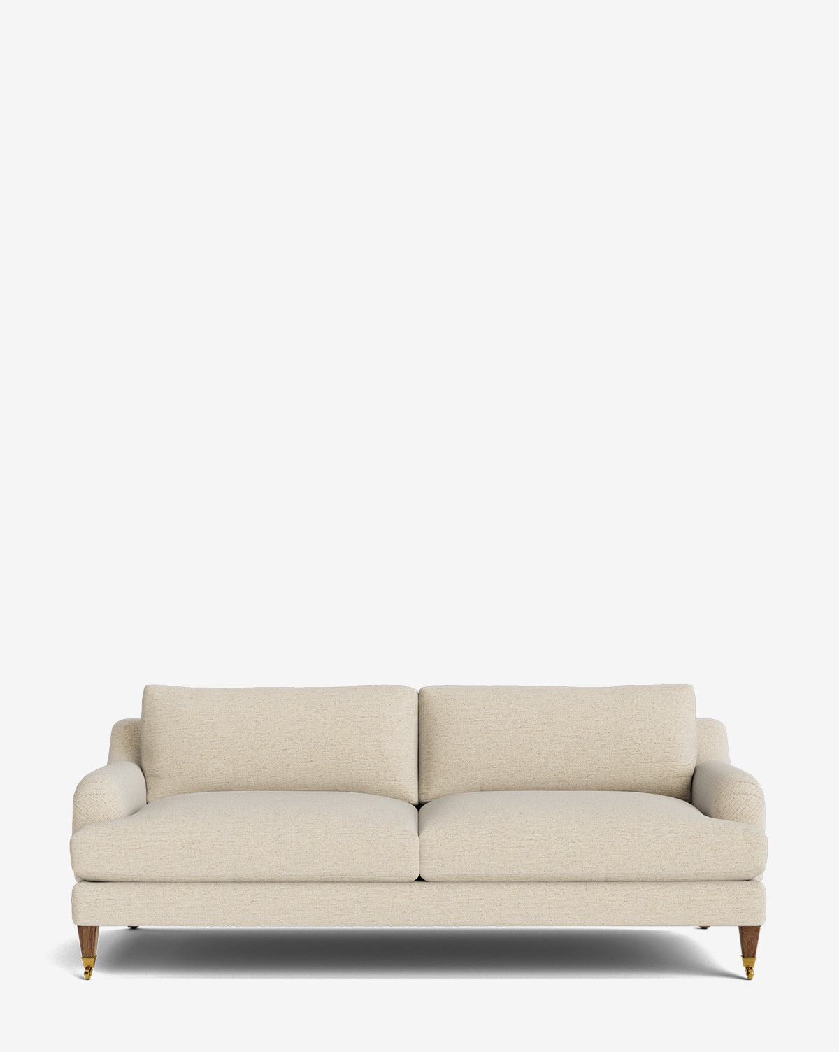 The Lucille English Roll Arm Sofa 78 in beige features down-wrapped cushions, rounded armrests, and wooden legs with brass castors, shown against a plain white background by McGee & Co.