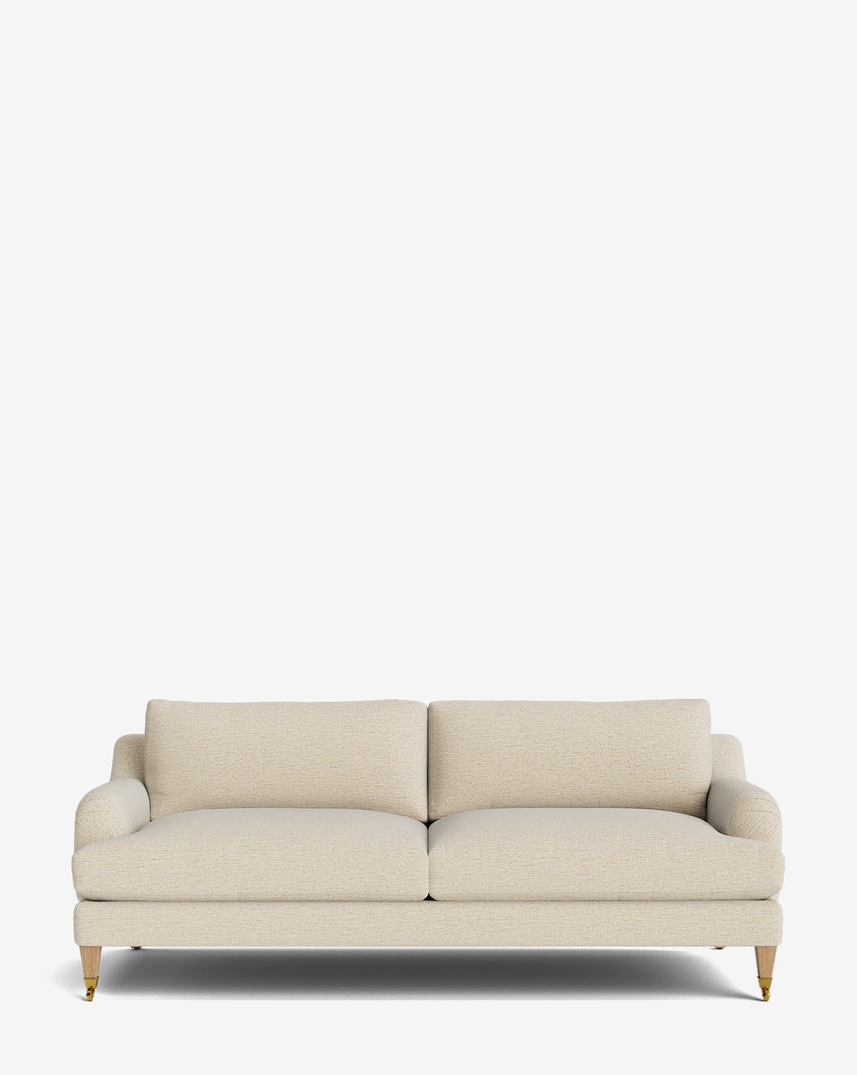 The Lucille English Roll Arm Sofa 78 features a beige finish, down-wrapped cushions, wooden legs with brass front casters, and is customizable. Classic meets modern comfort against a minimalist white background by McGee & Co.